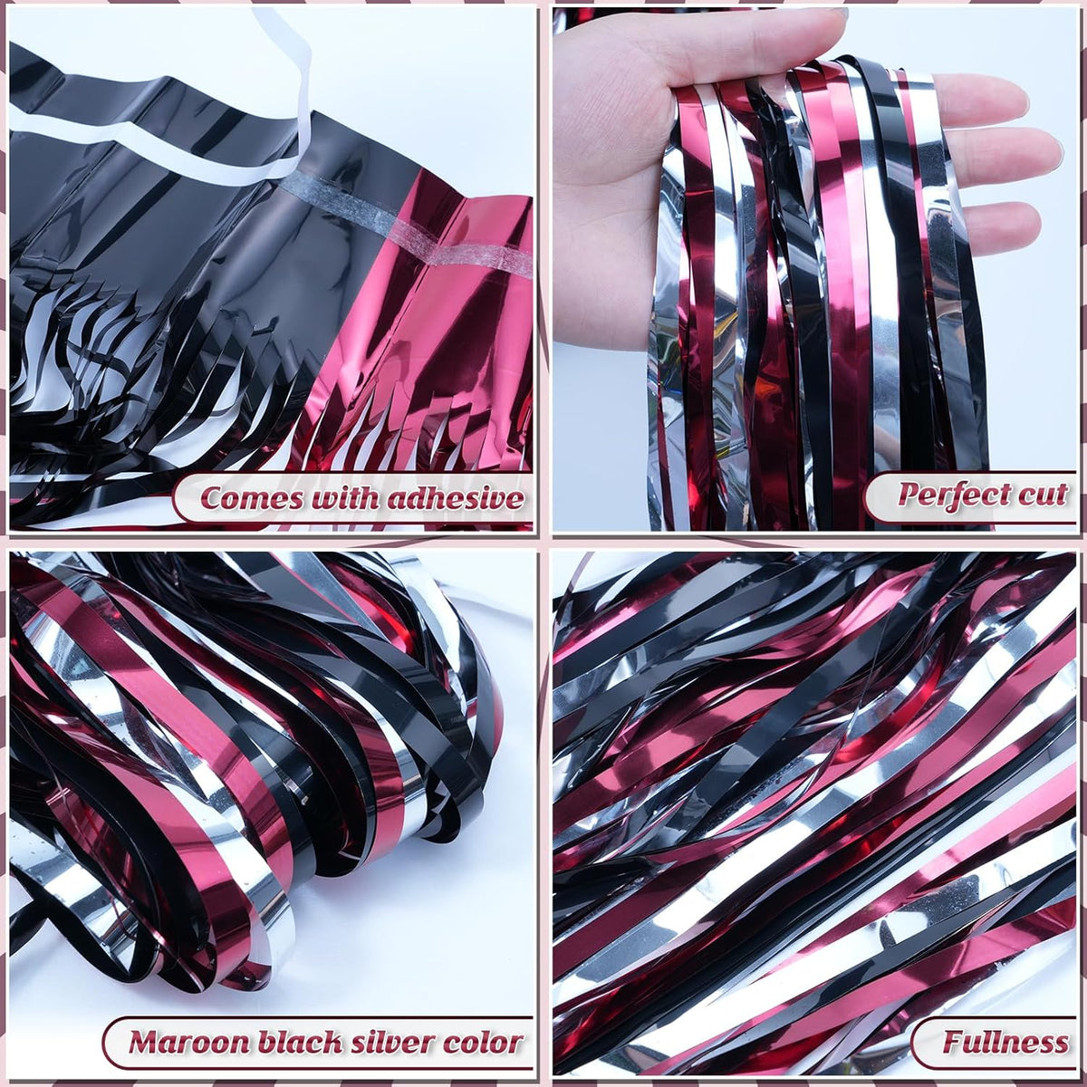 3 Pack 3.3Ft x 6.6Ft Graduation Foil Fringe Curtain Backdrop Decorations, Maroon Black Silver