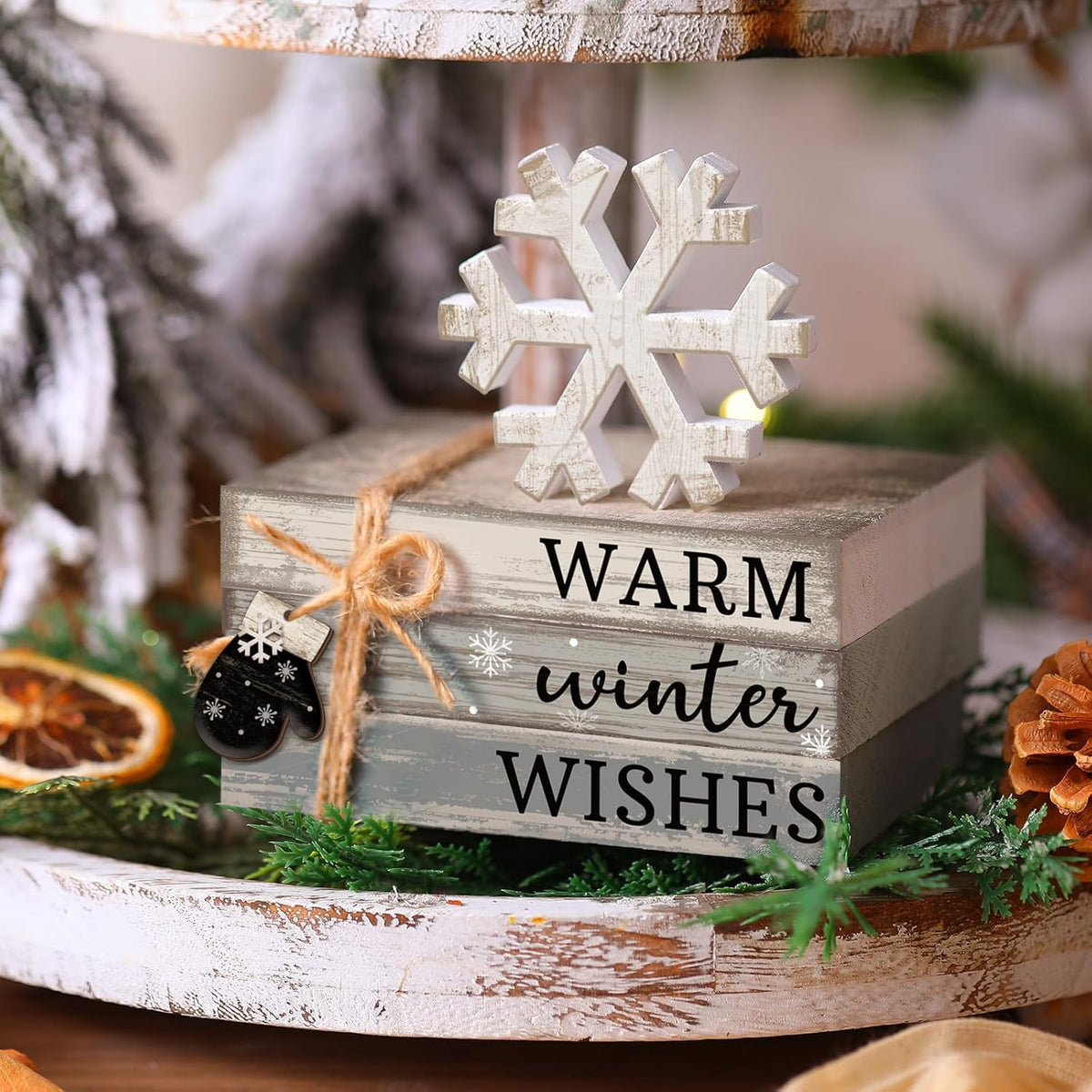 4 Pcs Winter Christmas Decor Winter Table Decorations Christmas Tiered Tray Decor Centerpiece