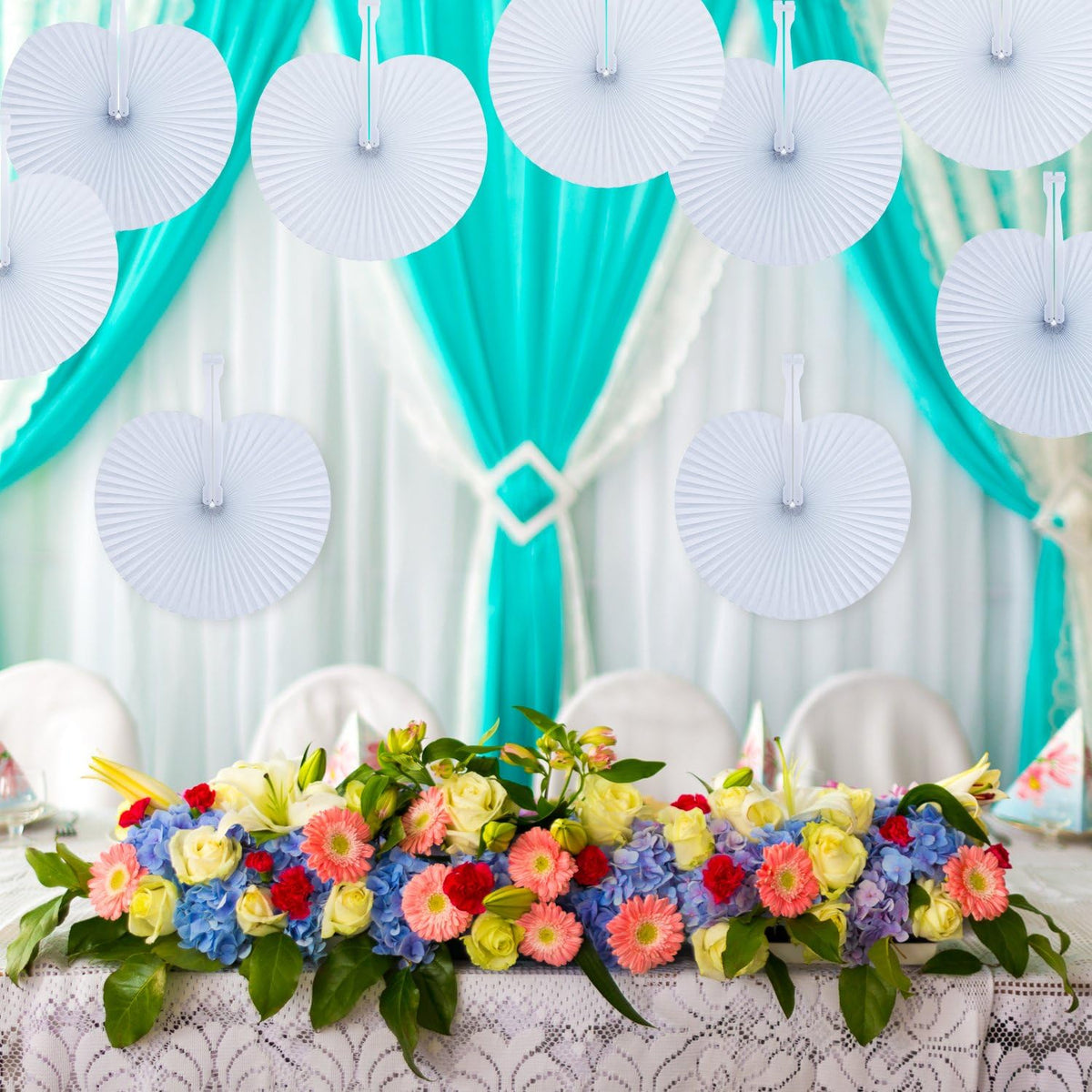 Pangda 24 Pack Folding Fans Round Paper Fans Assortment with Plastic Handle for Wedding Favor Party