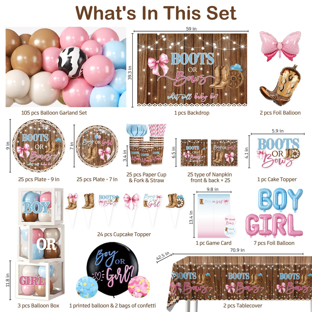 Cocomigo Boots or Bows Gender Reveal Decorations,Serves for 25