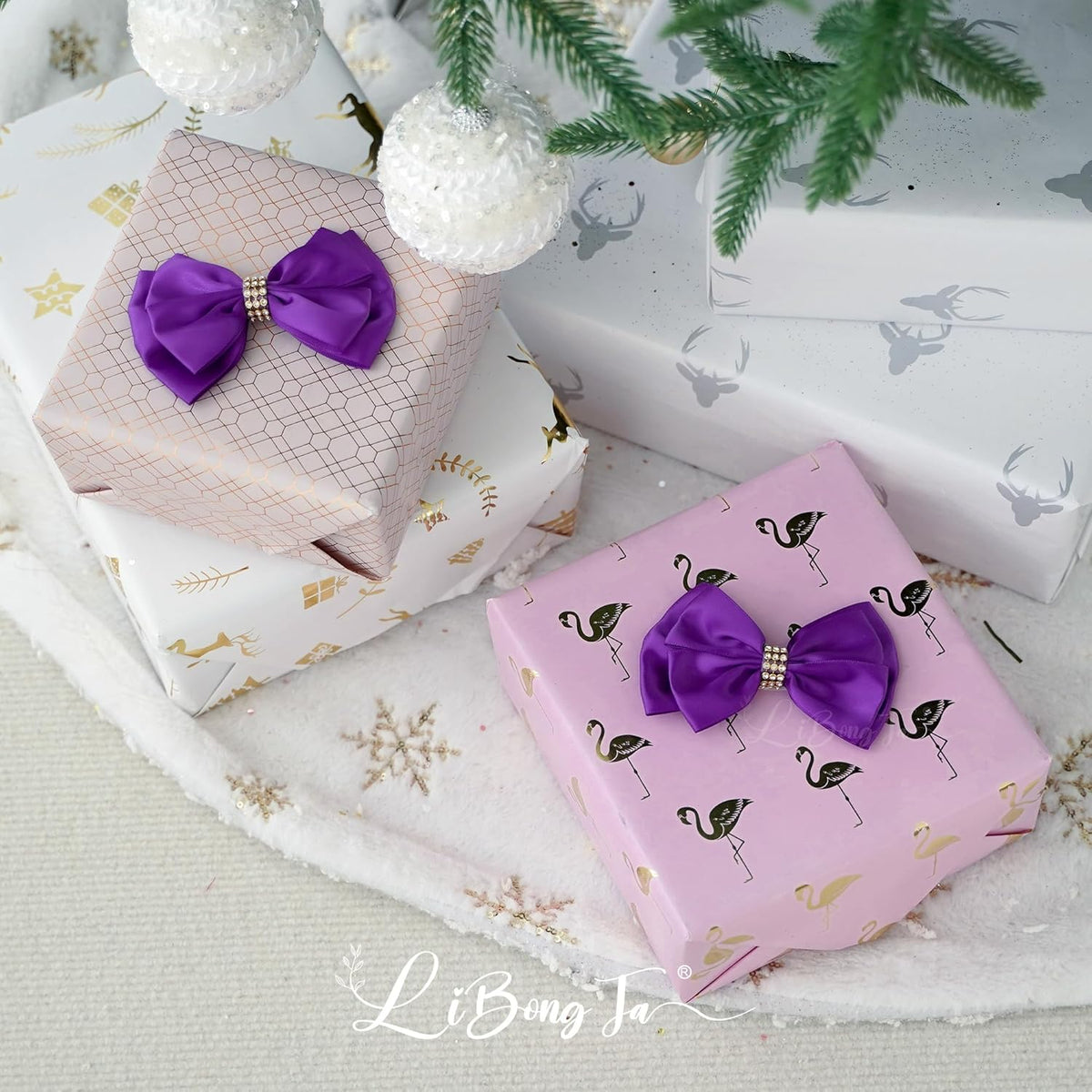 Purple Ribbon Bow 4'' Premade Satin Bow, Purple Gift Bows with Rhinestone, Wrapping Bows for
