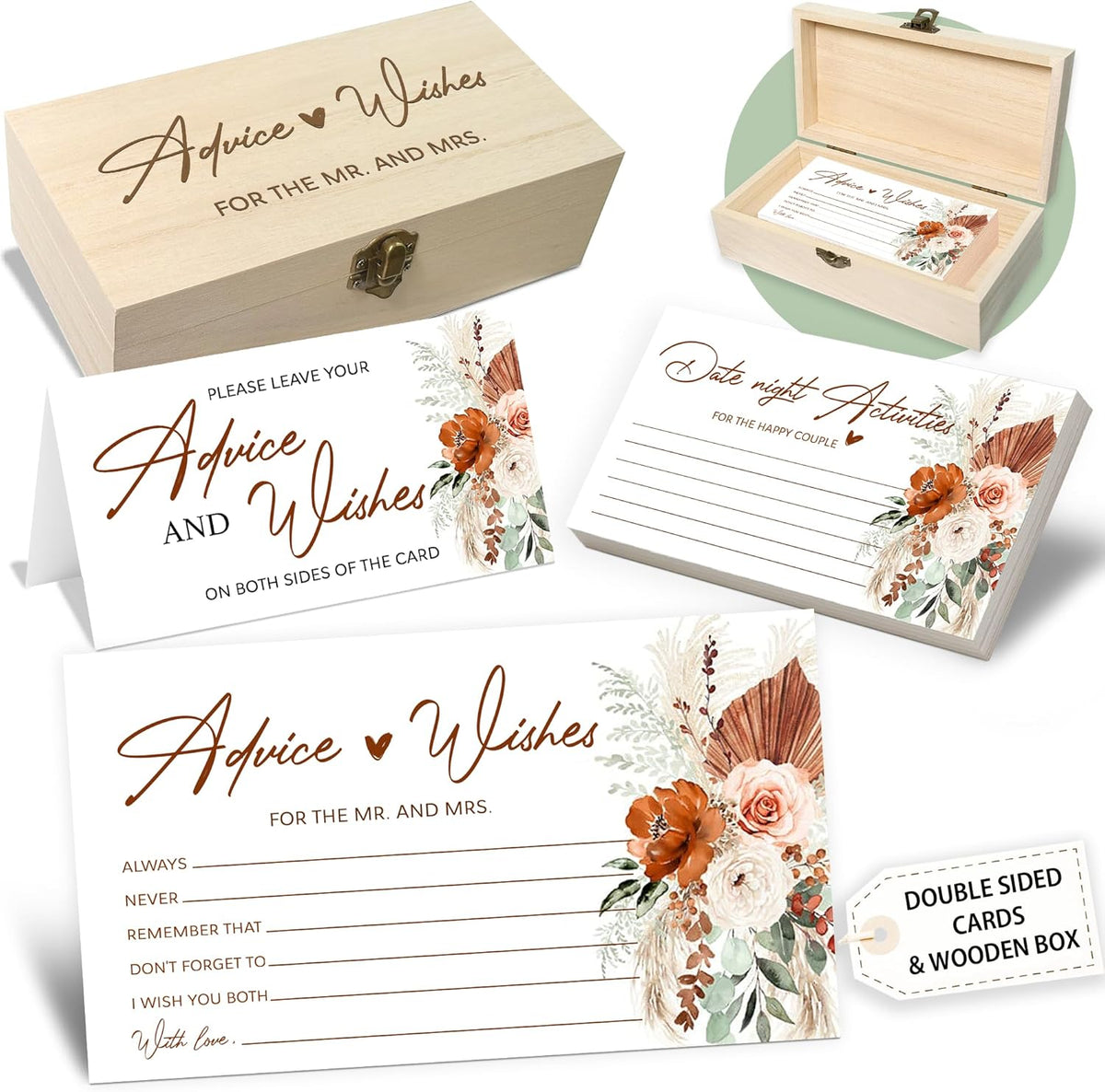 Boho Advice and Wishes for the Mr and Mrs - 50 Packs Wedding Advice Cards Bridal Shower Game Cards
