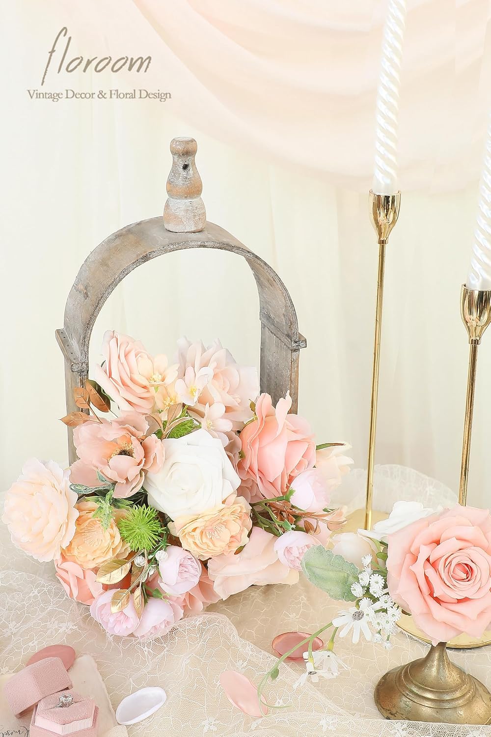 Floroom Blush Peach Pink Artificial Flowers Cream Fake Roses Peonies and Greenery Combo Box Set for