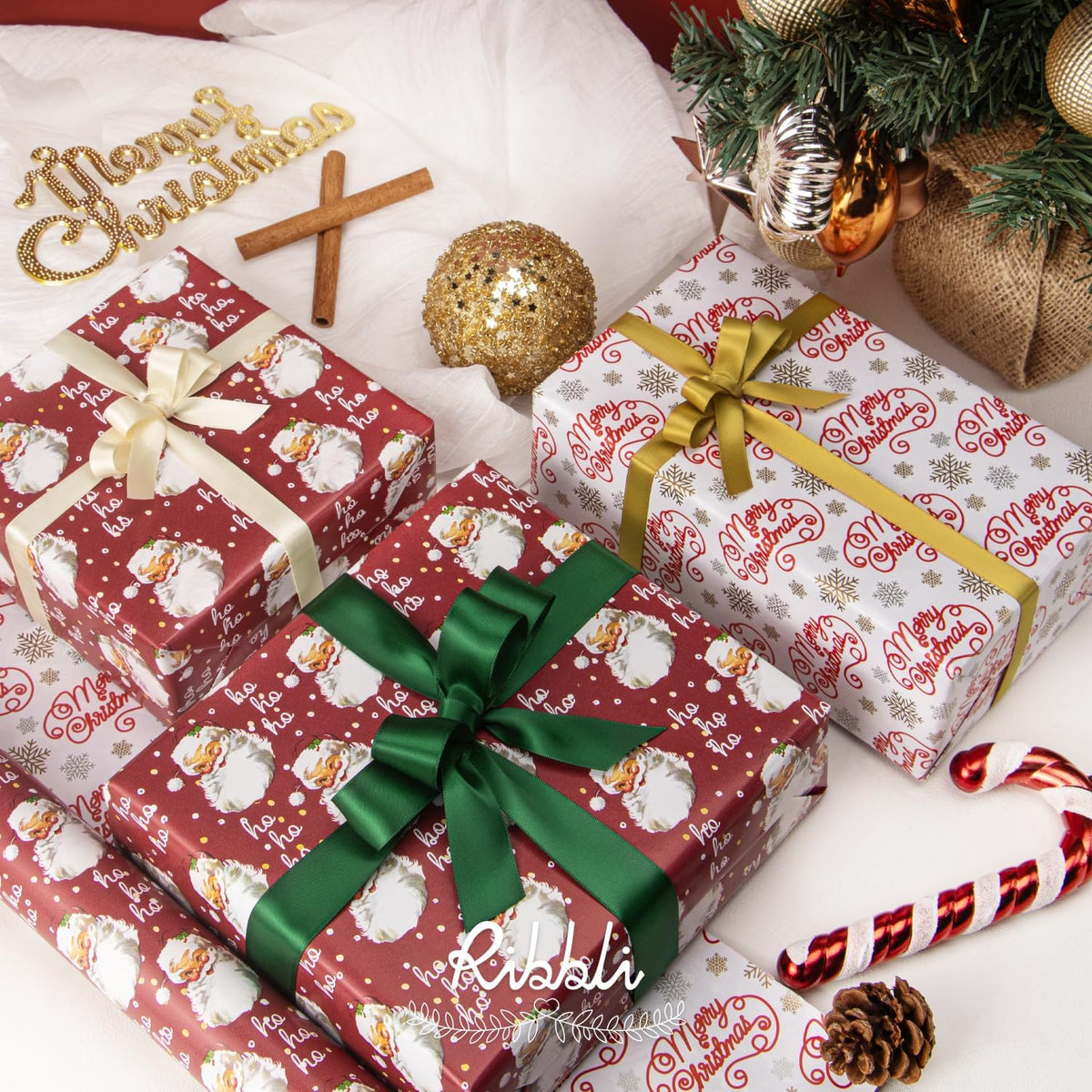 Ribbli Christmas Wrapping Paper Reversible Vintage Santa and Merry Christmas Red White Gift