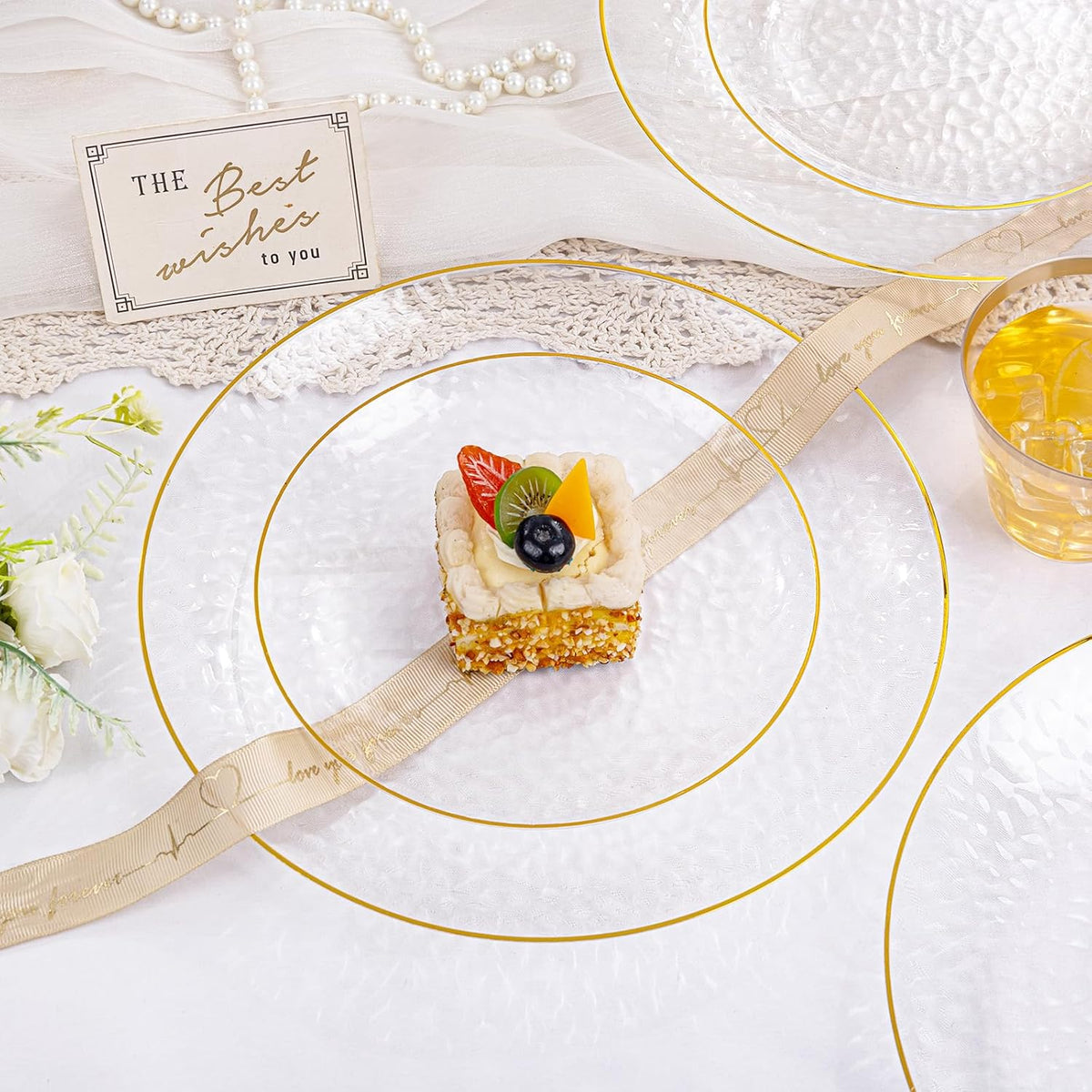 Rubtlamp 350 Pcs Clear Gold Plastic Plates, Hammered Disposable Dinnerware, Clear-Gold Plates Set