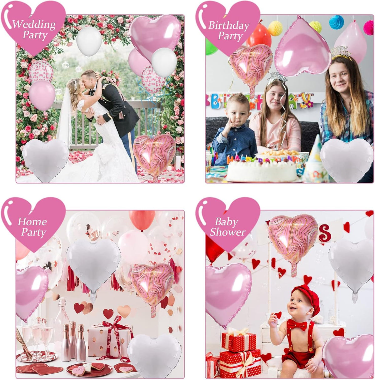 Pink White Agate Heart Shape Balloons - 10PCS Pink & White Foil Heart Balloons for Valentine's Day
