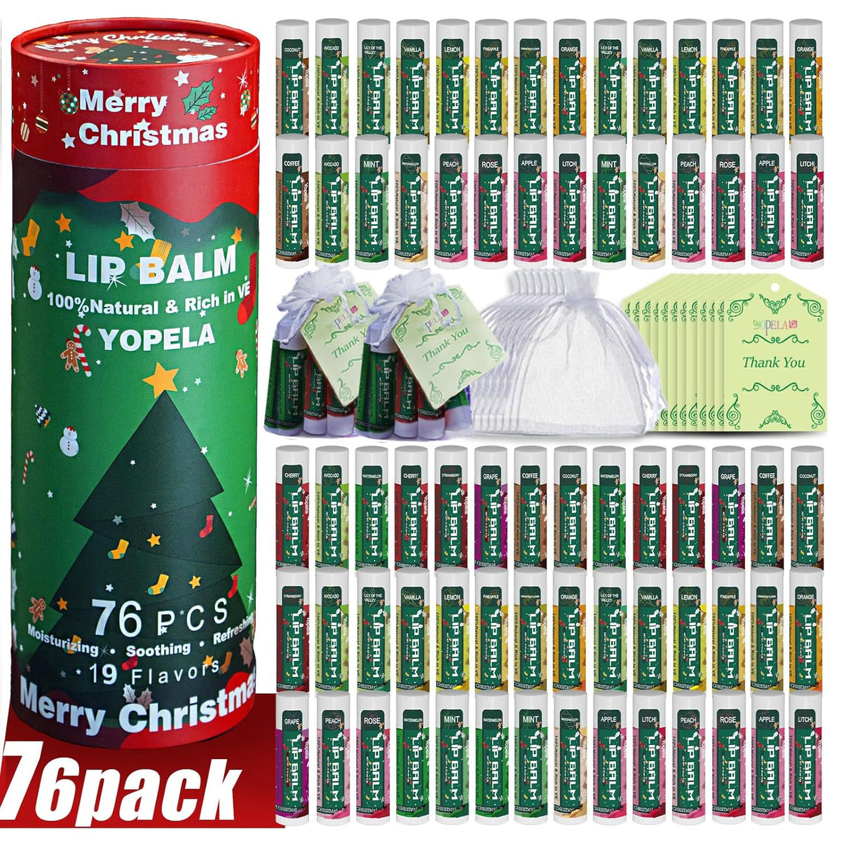Yopela 76 Pack Christmas Natural Lip Balm Bulk with Vitamin E and Coconut Oil Lip Care Set