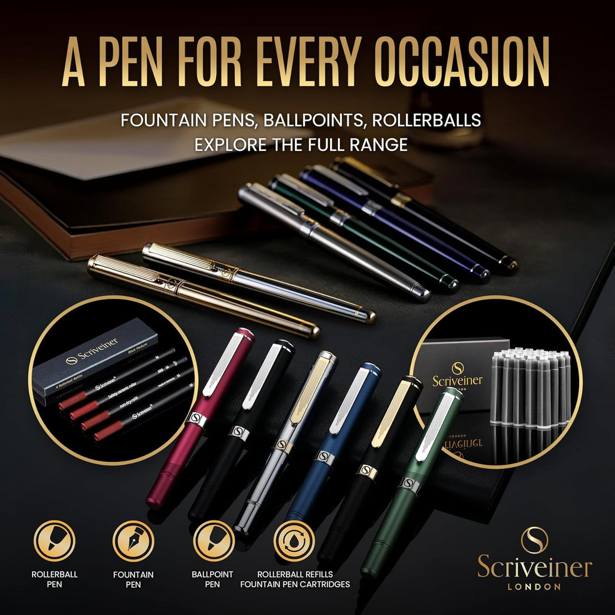 Scriveiner Luxury Fountain Pen - Stunning Luxury Pen, Real Gold Finish, Schmidt Gilded Nib