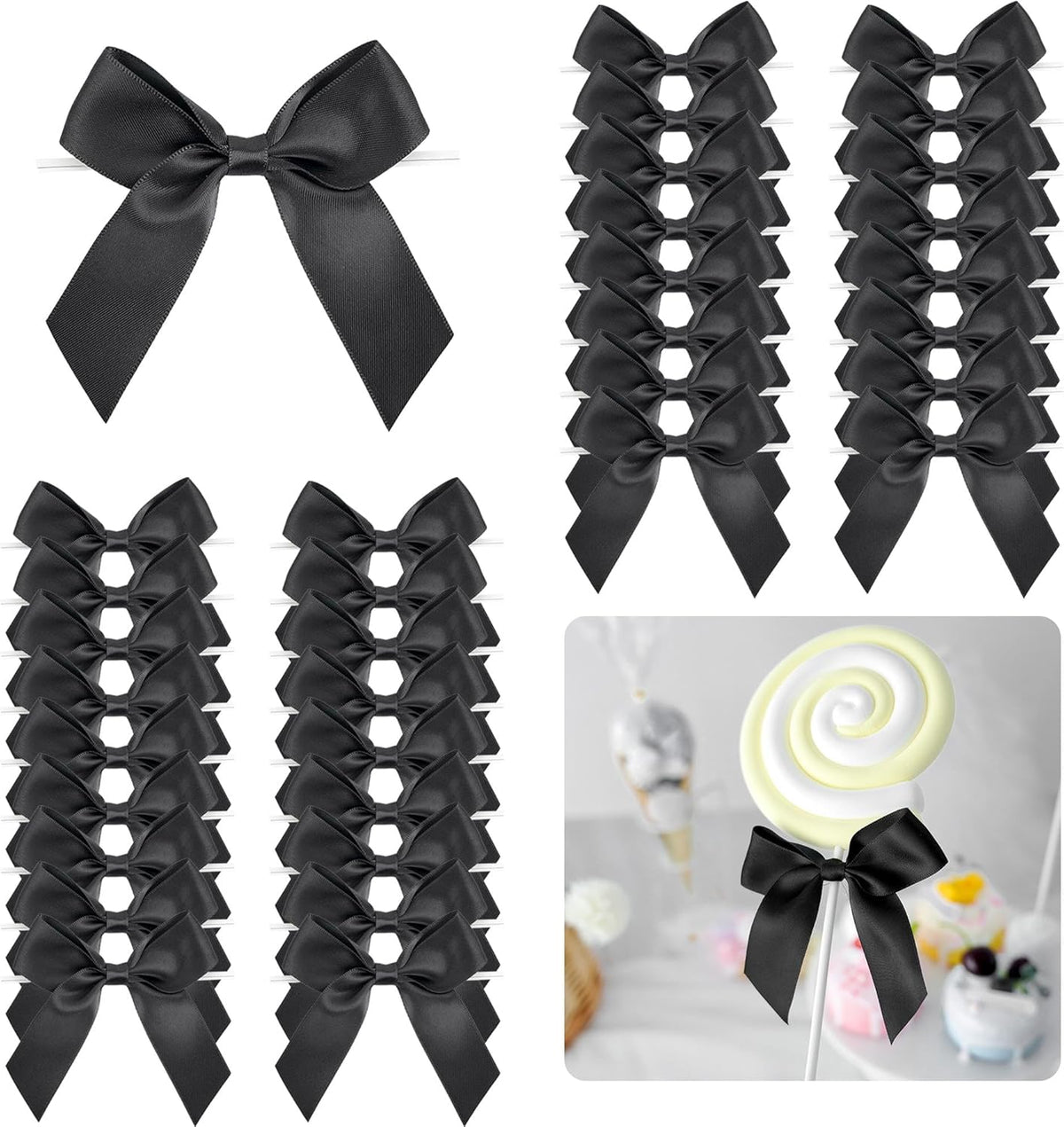 3.5" Black Bow Satin Pre-Tied Bows for Gift Wrapping, Small Bows for Crafts, Premade Bows, Candy