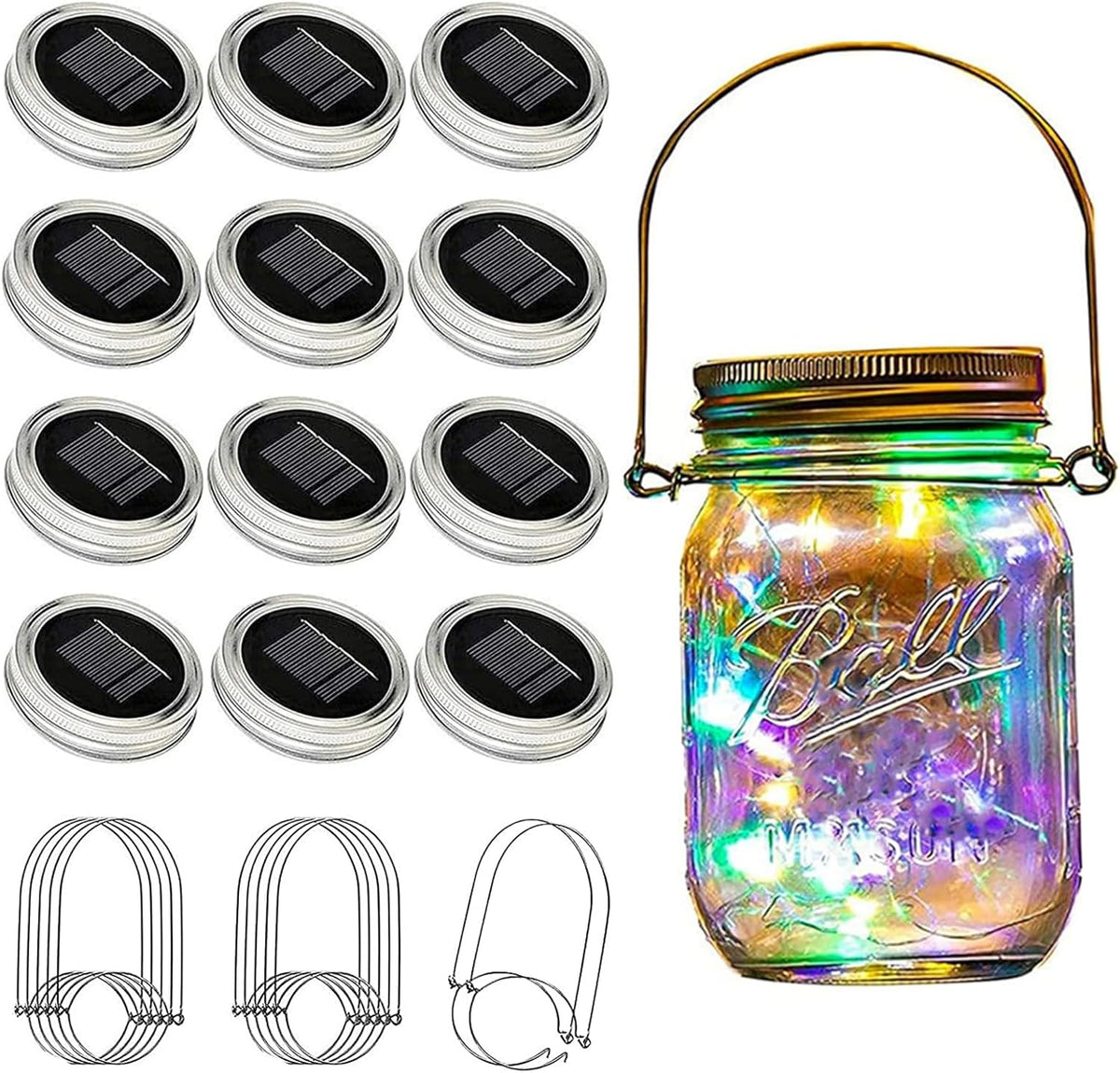 VOOKRY 12 Pack Solar Mason Jar Lights, 30 LED Mason Jar Lids Waterproof Firefly Fairy String Lights