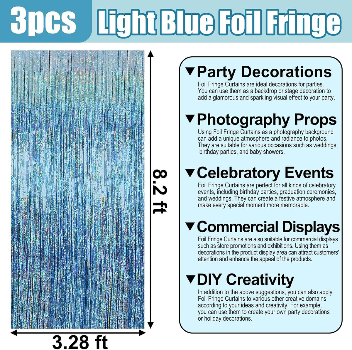 3 Pack Light Blue Foil Fringe Curtain Backdrop, 3.28Ft x 8.2Ft Metallic Tinsel Foil Fringe Streamer