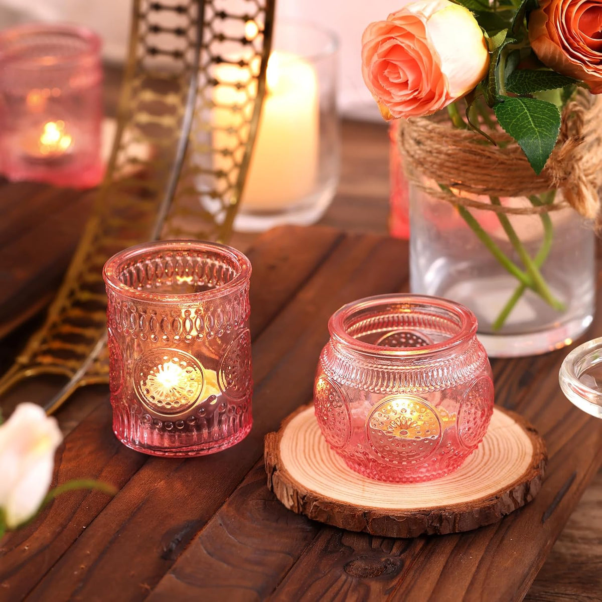 DARJEN 24Pcs Pink Votive Candle Holders- Glass Candle Holders Bulk for Flameless LED Tea Waxes