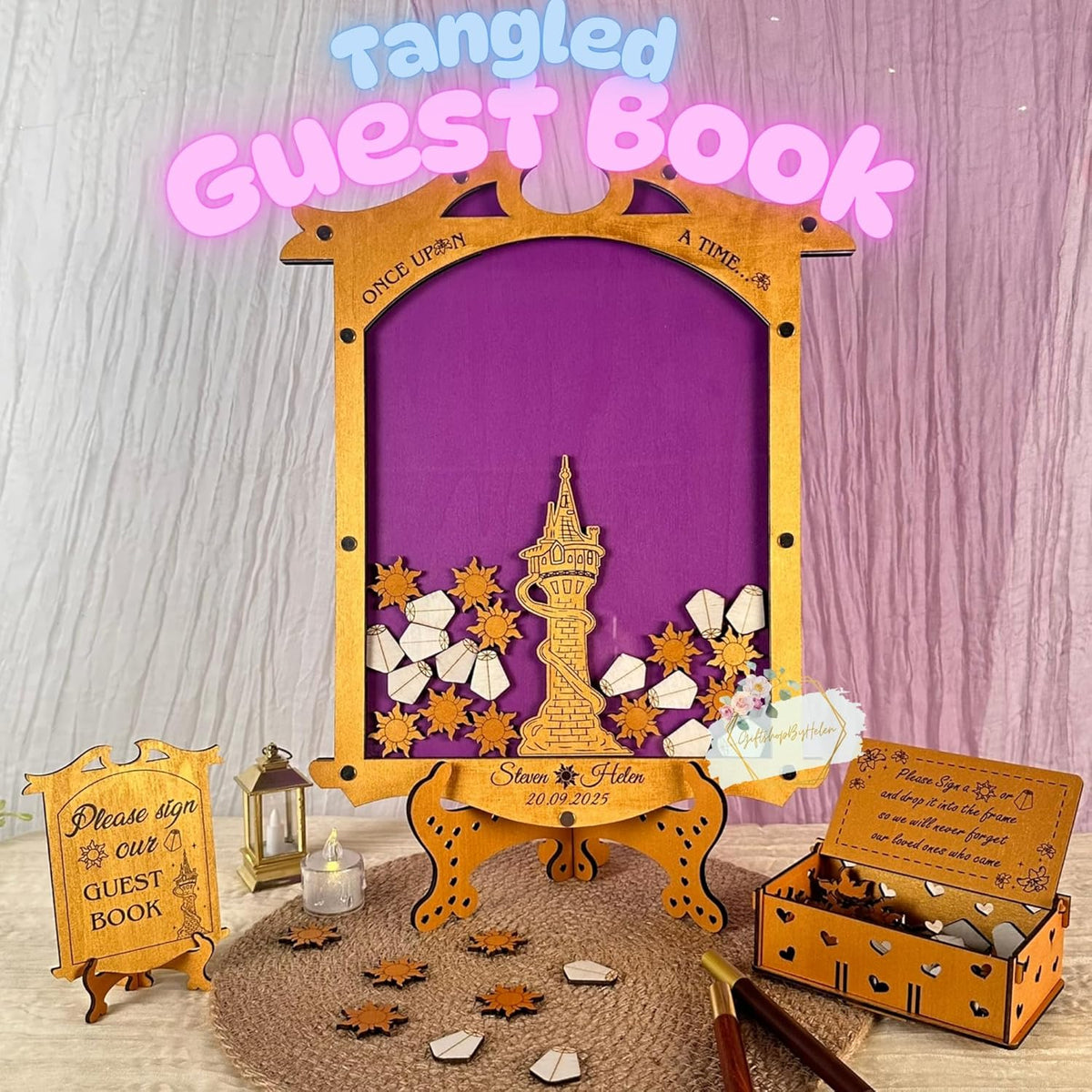 Tangled Guest Book Wedding Alternative | Gold Princess Tower Guestbook | Personalized Wooden Drop