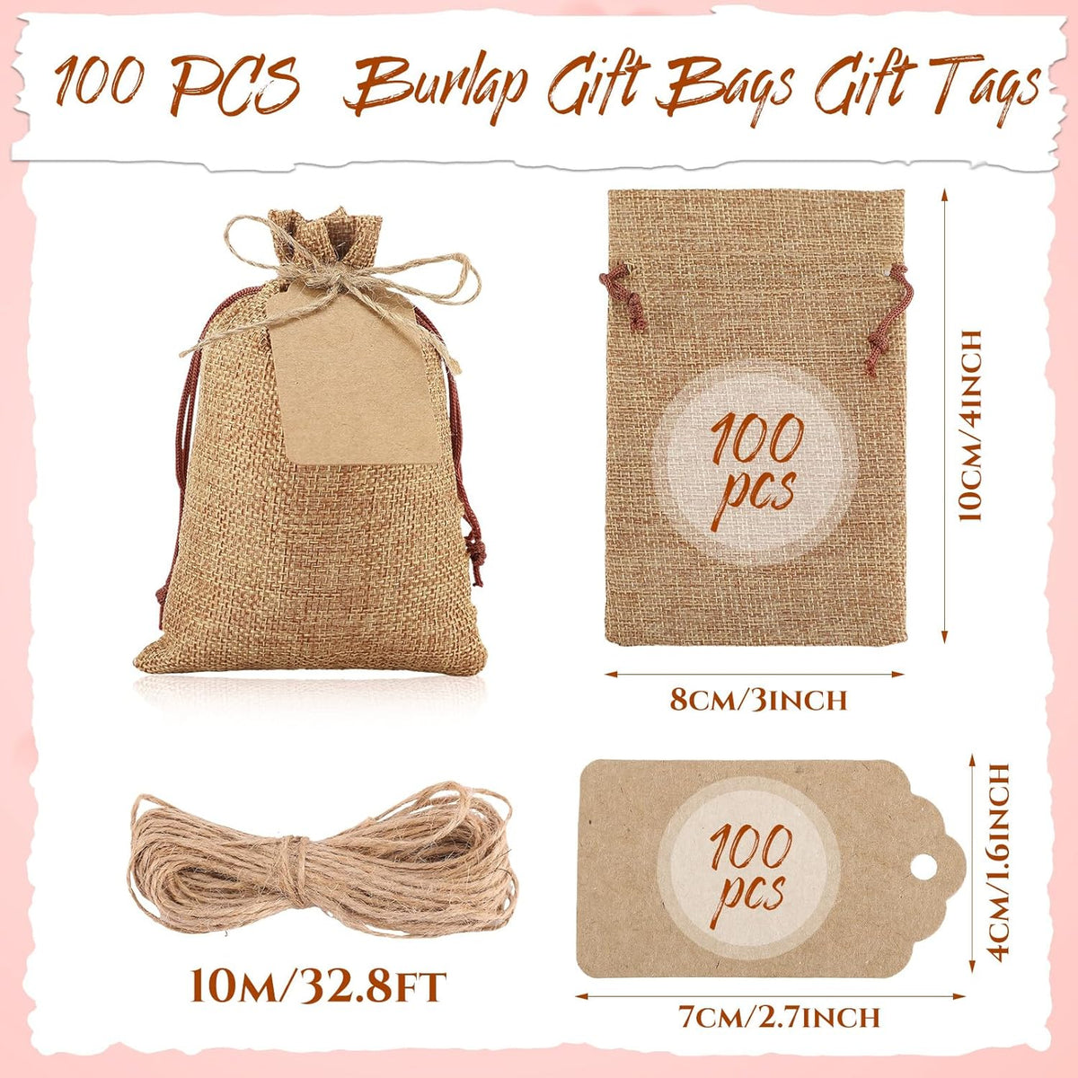 Woanger 100 Pcs Burlap Gift Bags with 100 Pcs Kraft Paper Gift Tags with Drawstring Favor Bulk