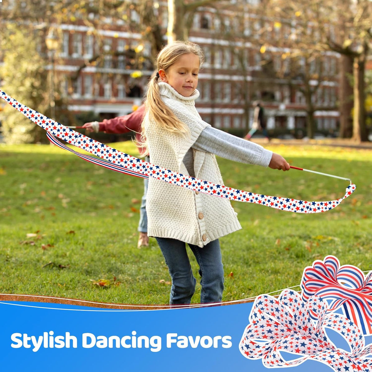 20 Pack Ribbon Dancer Wands for Patriotic Party Favors Supplies, Dancing Ribbon Stars and Stripes