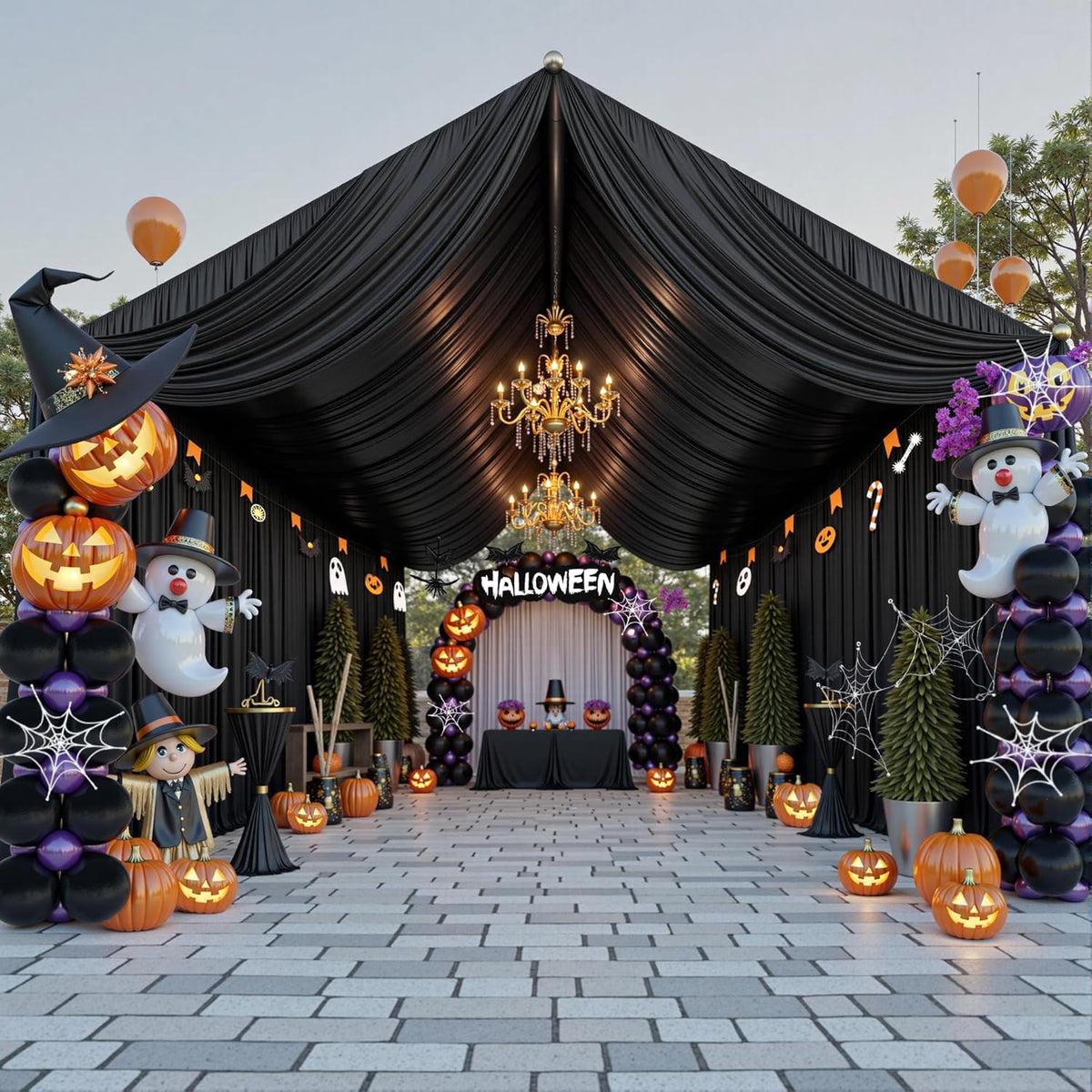PartyVillage 8 Panels 5ftx30ft Black Ceiling Drapes for Halloween Parties – 30 FT Extra Long Thick