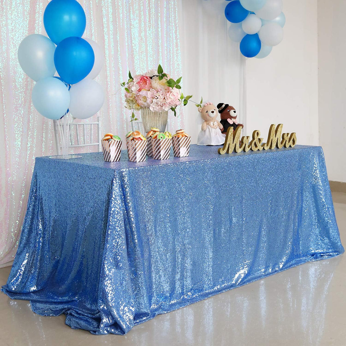 QueenDream Baby Blue Sequin Tablecloth 90x156 Inch Glitter Table Cloth for Baby Shower Birthday