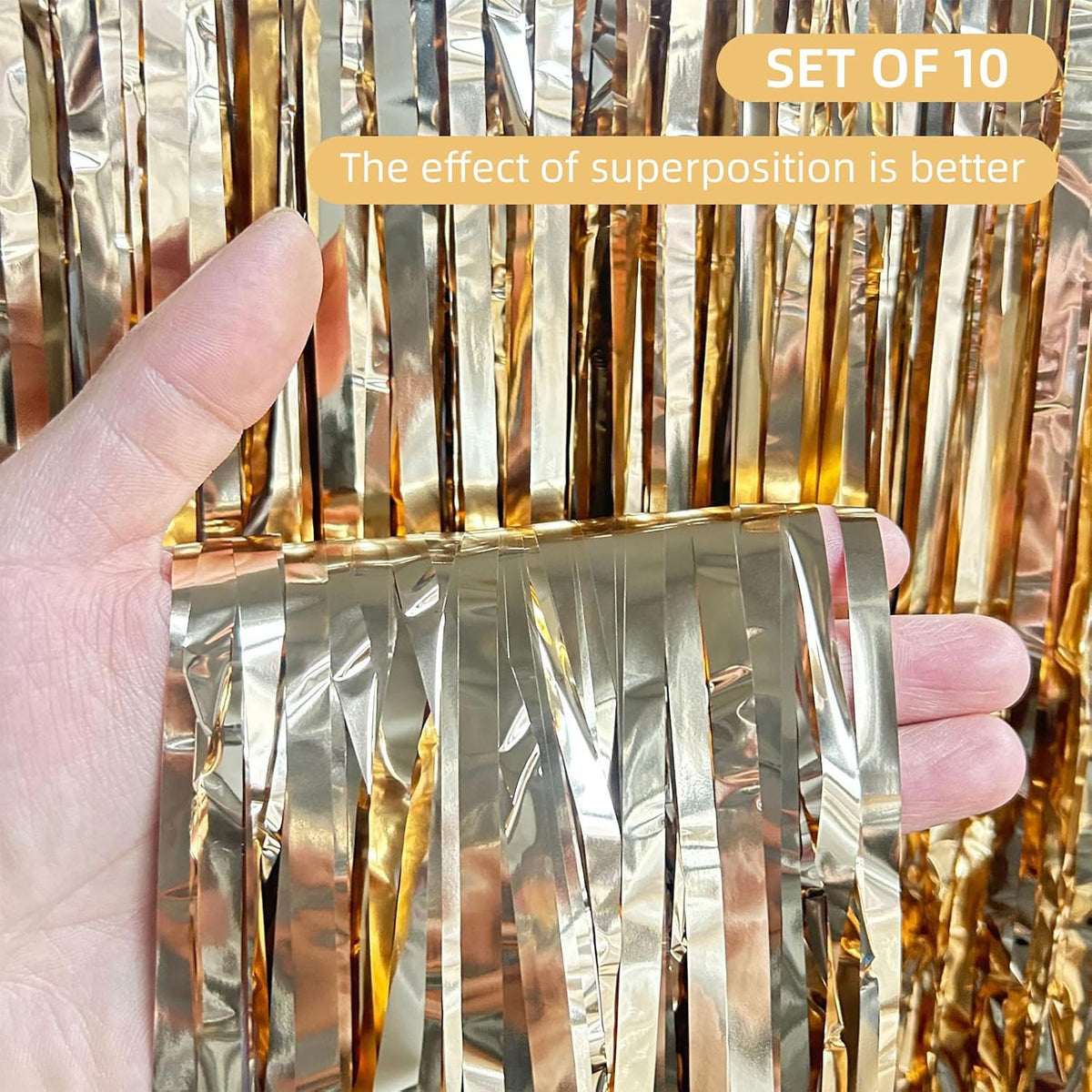 10 Pack Champagne Gold Backdrop Curtain 3.2ft x 8.2ft Metallic Tinsel Foil Fringe Curtains Photo