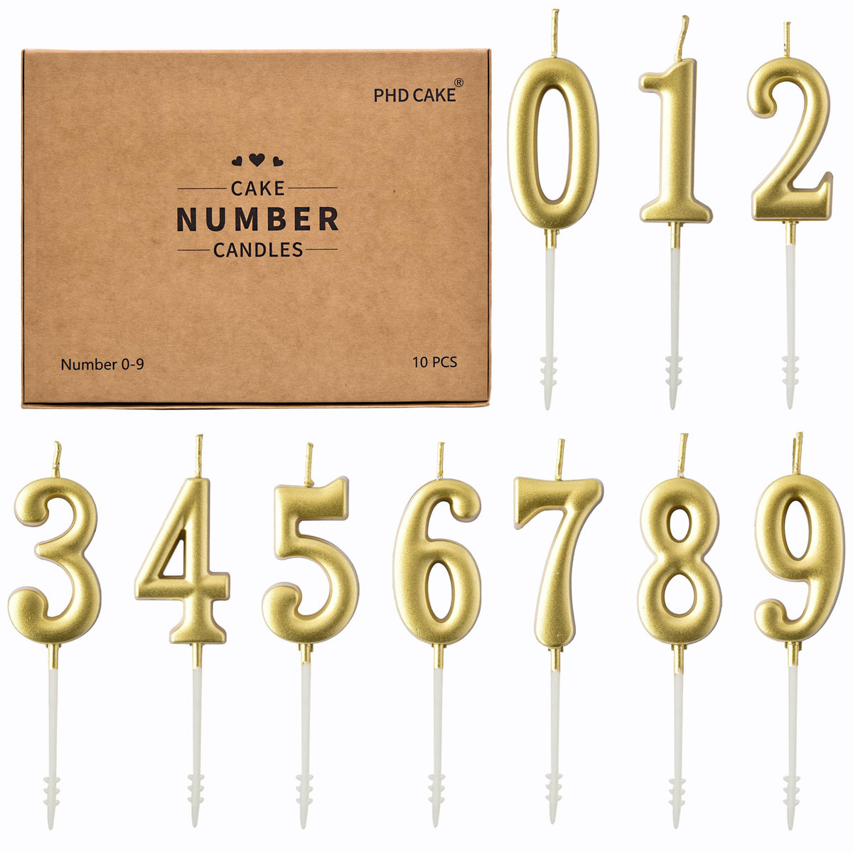 PHD CAKE 10-Pieces Gold Numeral Birthday Candles, Cake Numeral Candles Number 0-9 Glitter Cake