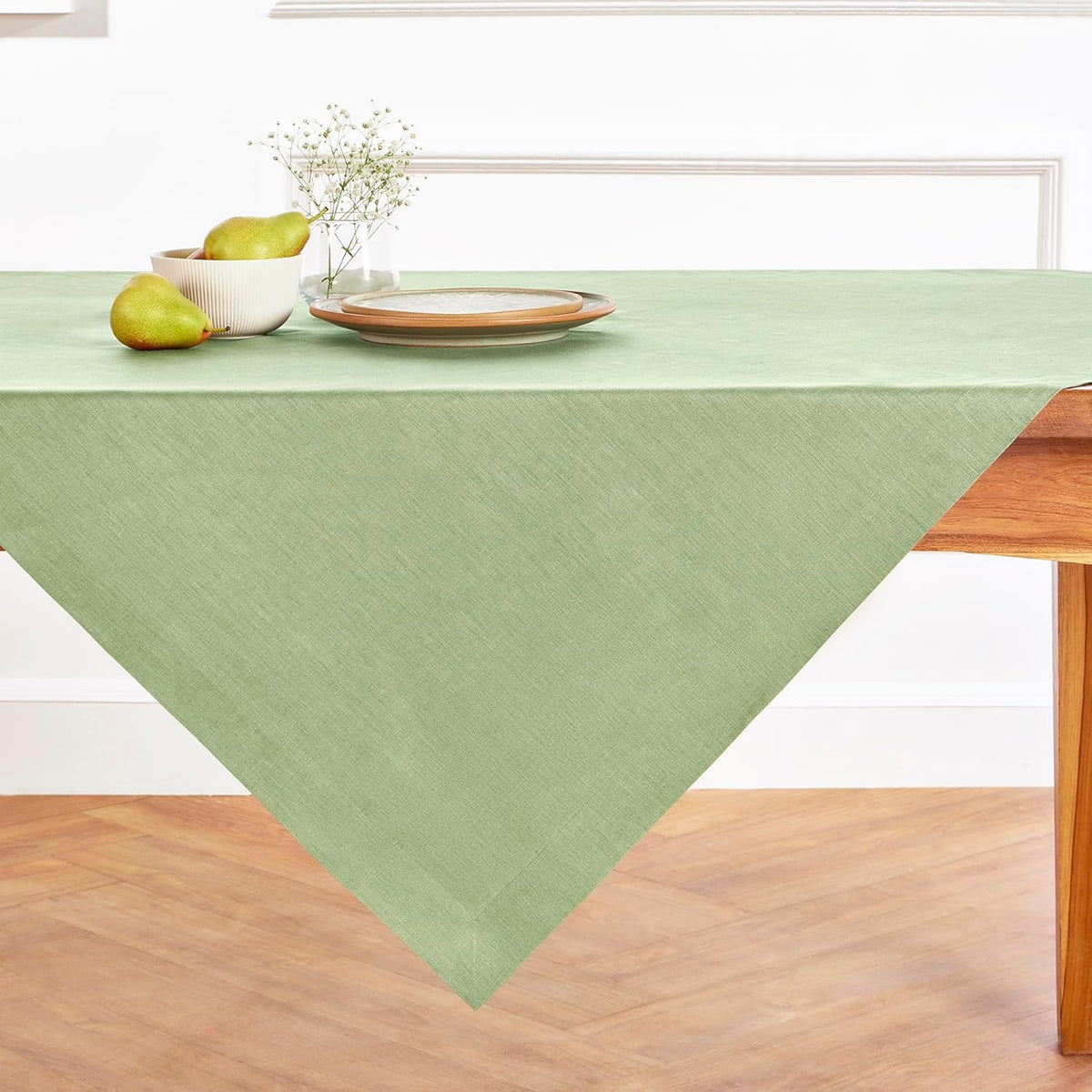 Solino Home Linen Tablecloth 52 x 52 Inch - 100% Pure Linen Laurel Green Square Tablecloth - Fete