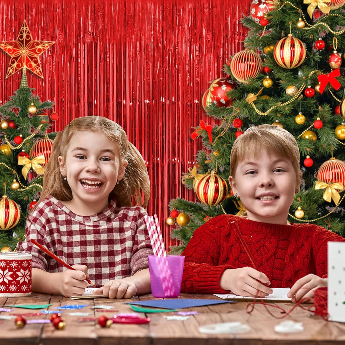 10 Pack Red Backdrop Curtain 3.2ft x 8.2ft Metallic Tinsel Foil Fringe Curtains Photo Booth