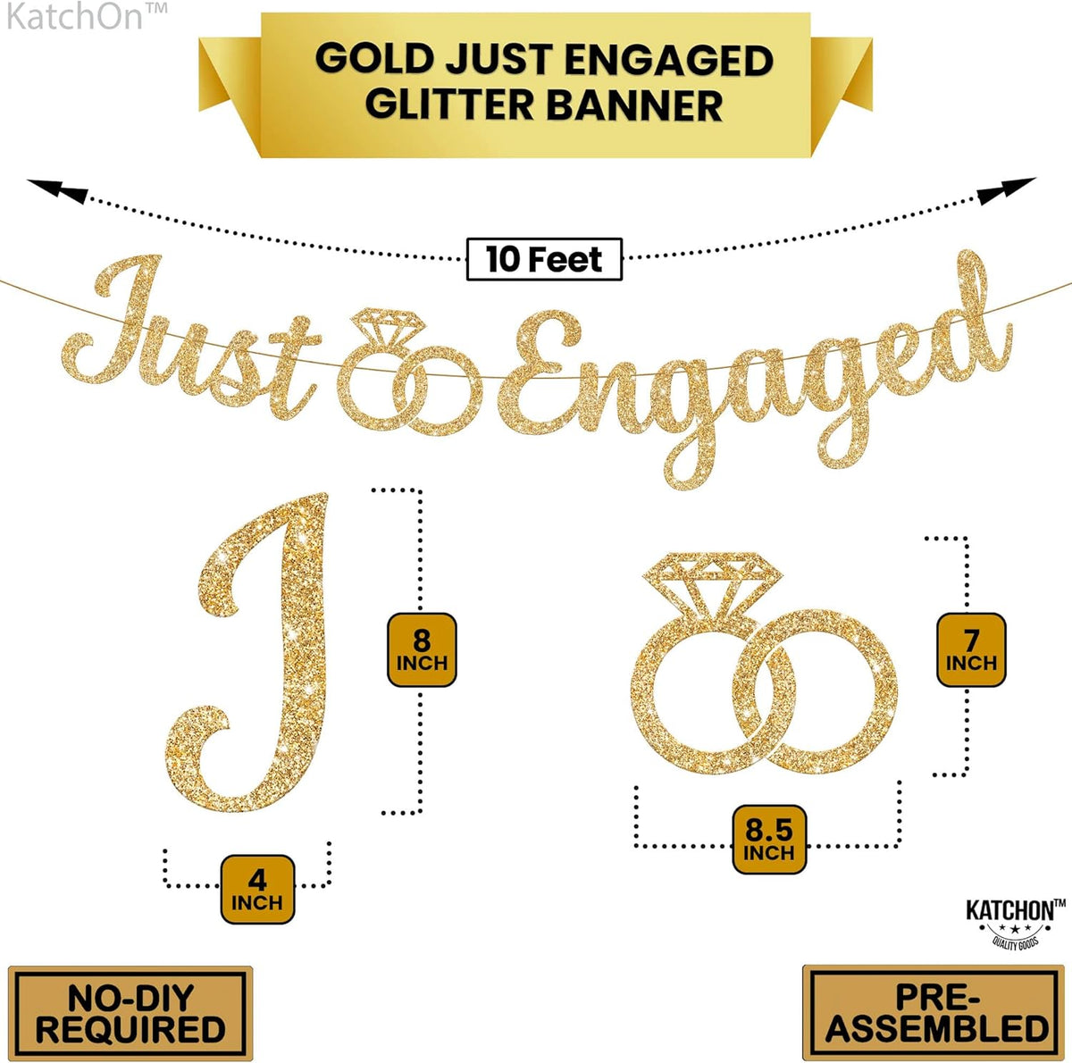 KatchOn, Glitter Gold Just Engaged Banner - 10 Feet, No DIY | Engagement Banner for Just Engaged
