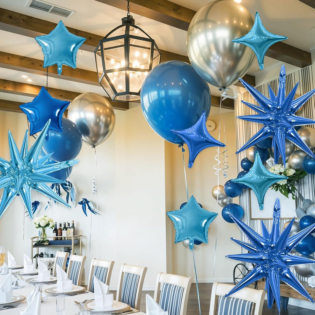 Blue Star Balloon,16Pcs Light Blue Star Foil Balloons Set with 22Inch Explosion Spike Cone Balloons