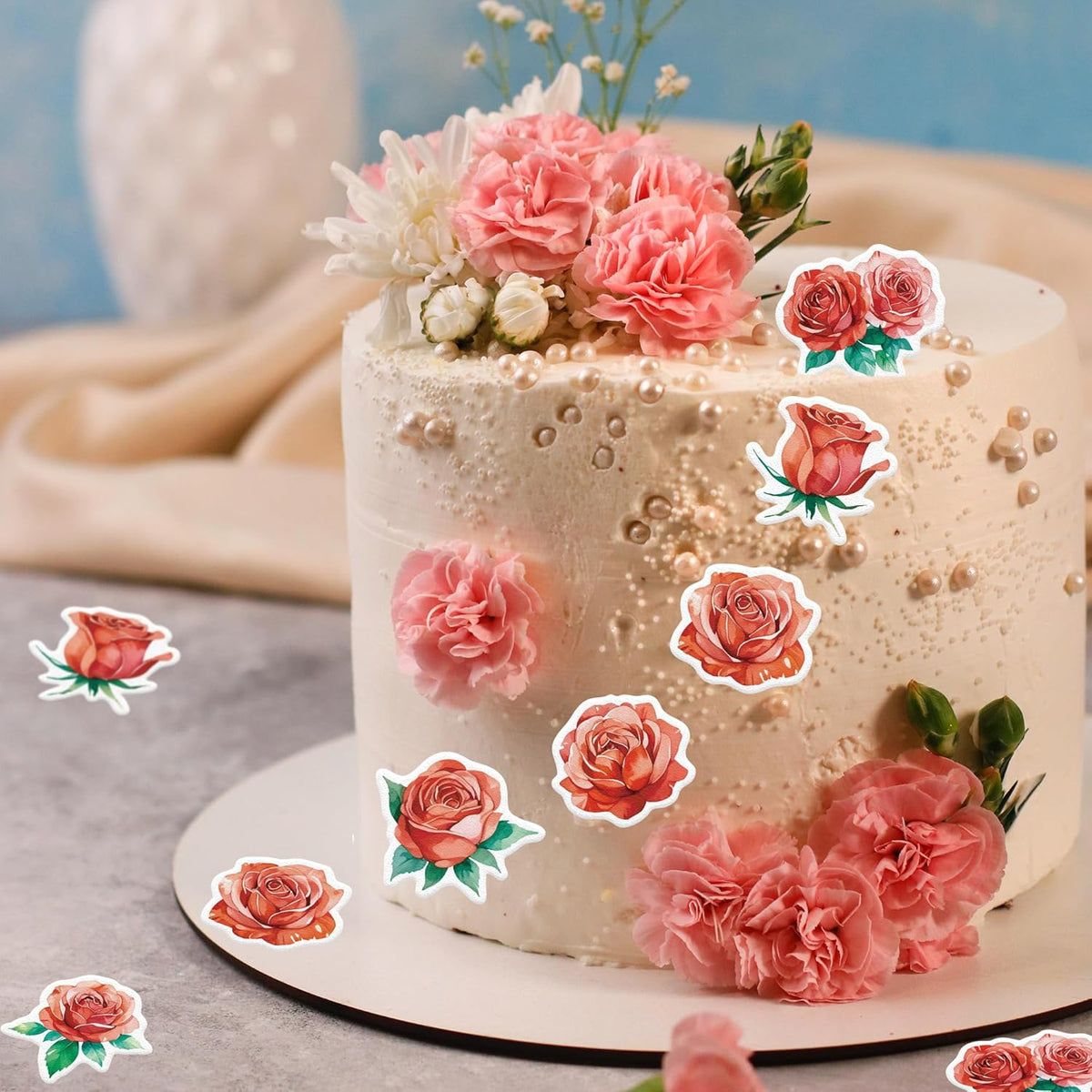 48PCS Edible Rose Flower Cupcake Toppers Wafer Paper Roses Decorations Flower Birthday Party
