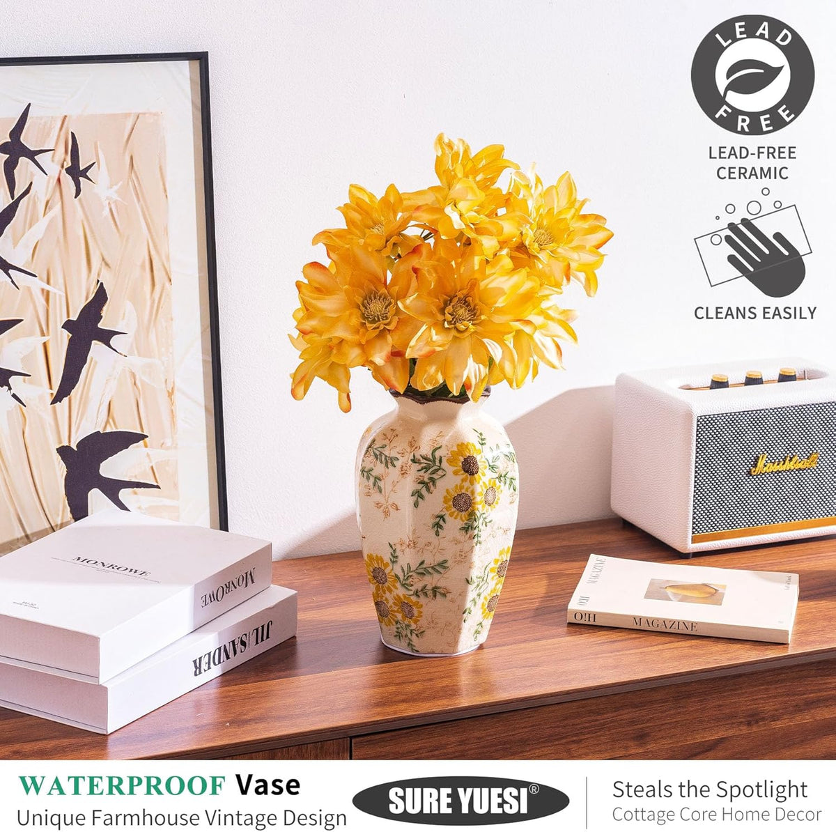 Hand-Painted Sunflower Vintage Ceramic Octagonal Vase, Green Yellow Beige Flower Vases for Bouquet