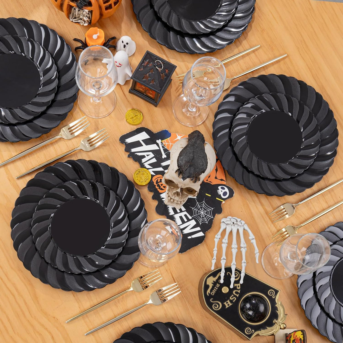 U-QE 60 Pcs Black Plastic Plates for Party – Scalloped Plastic Plates Heavy Duty – Include 30