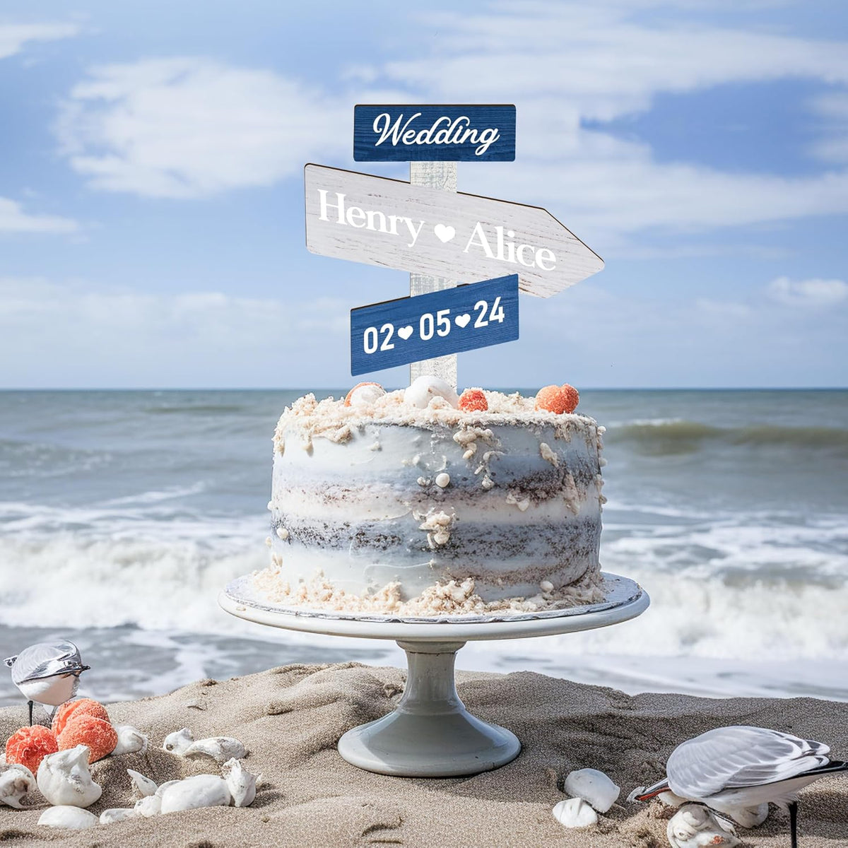 Personalized Ocean Themed Wedding Cake Topper in Wood Custom Bride & Groom Names Initials Wedding