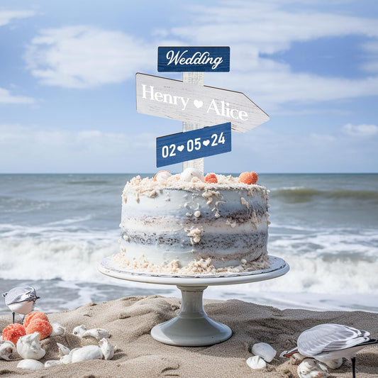 Personalized Ocean Themed Wedding Cake Topper in Wood Custom Bride & Groom Names Initials Wedding