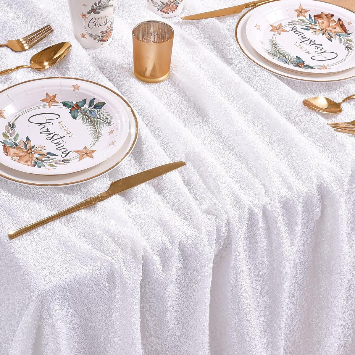QueenDream Sequin Tablecloth 90 x132 Inch White Rectangle Tablecloth Glitter Table Cloth Overlay
