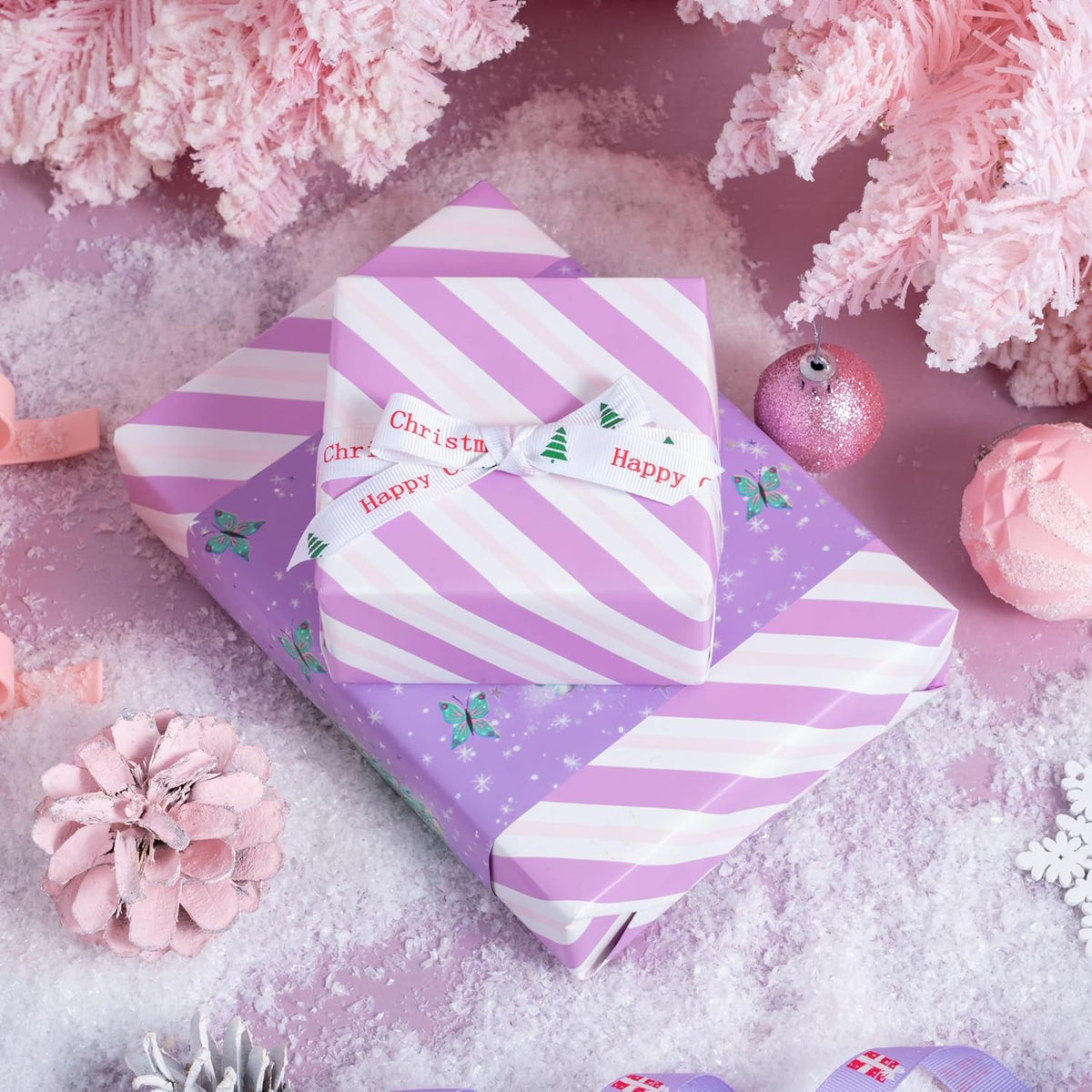 LeZakaa Christmas Purple Wrapping Paper Mini Roll, Christmas Tree Butterfly, Pink Purple Stripe