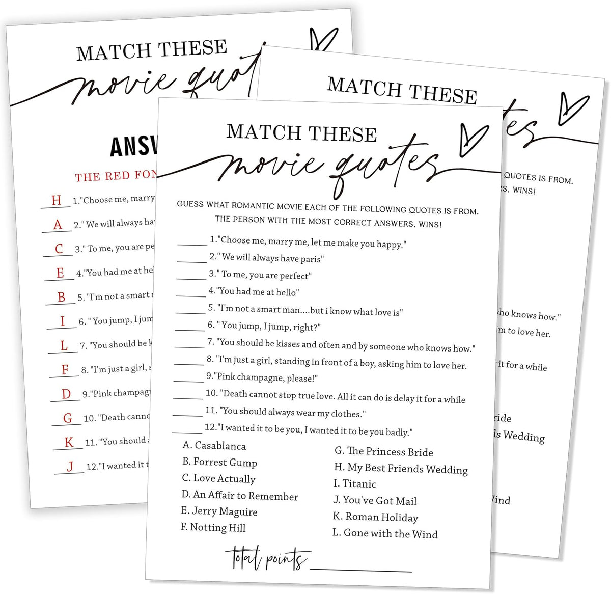 Fun Bridal Shower Games Set 25 Wedding Games Cards with 1 Answer Card Match Movie Quotes for