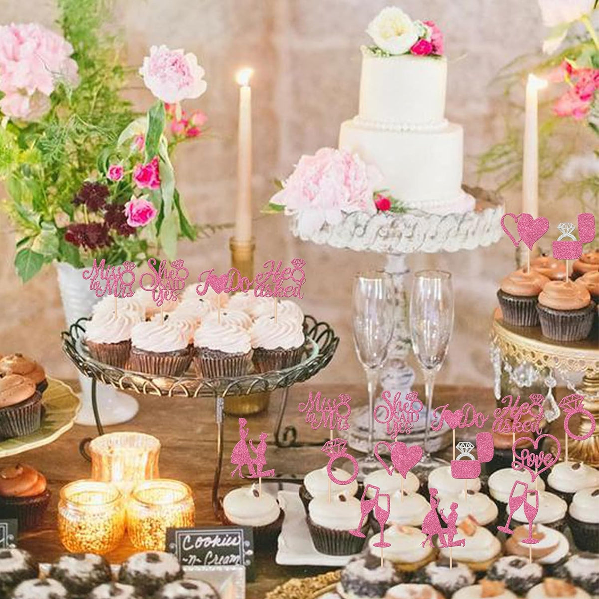 30 PCS He Asked She Said Yes Cupcake Toppers Glitter Engagement Cupcake Toppers Miss to Mrs I Do
