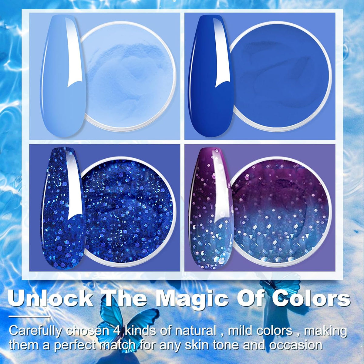 Honey Joy Dip Powder Nail Kit Starter,4 Colors Navy Blue Sky Blue Purple Glitter Dipping Powder