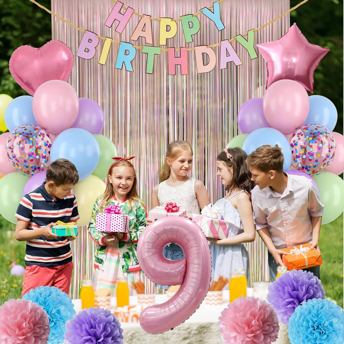 Pastel 9th Birthday Party Decorations for Girls Number 9 Balloon Happy Birthday Banner Butterfly