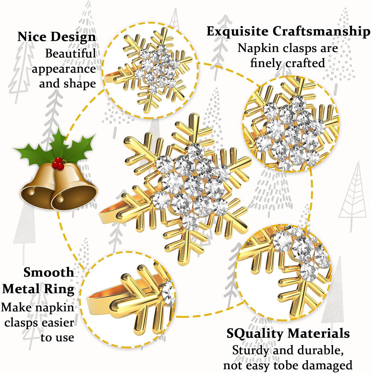 Halatool Christmas Napkin Rings Set of 12, Gold Snowflake with White Rhinestone Napkin Holder for