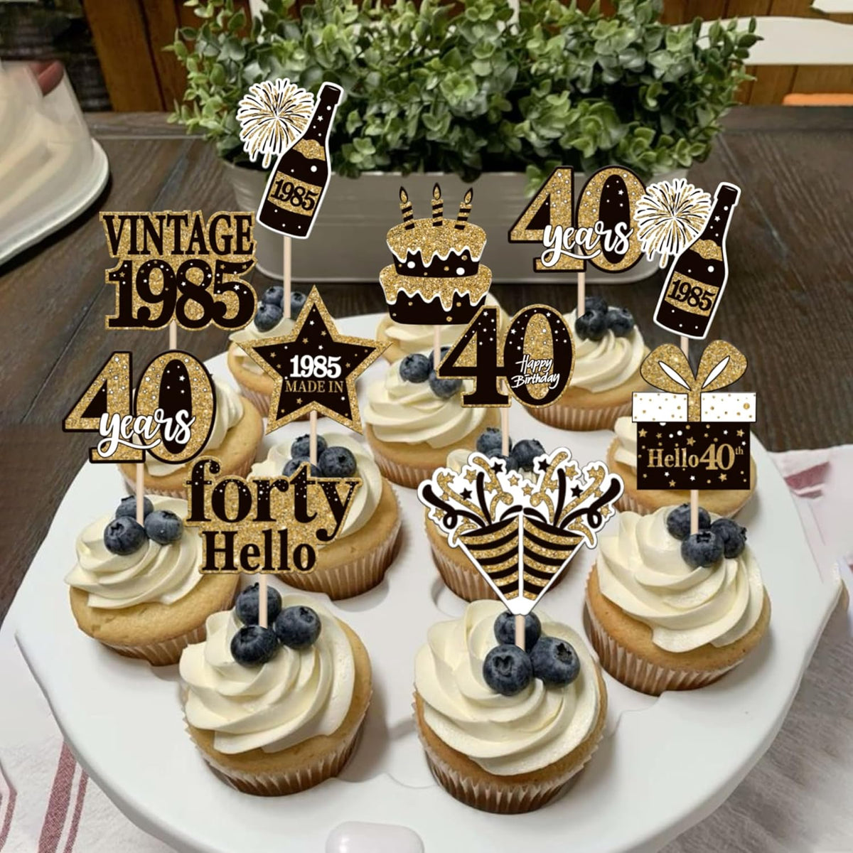 36PCS Happy 40th Birthday Cupcake Toppers Double Sided Black Gold Forty Hello 40 Vintage 1985