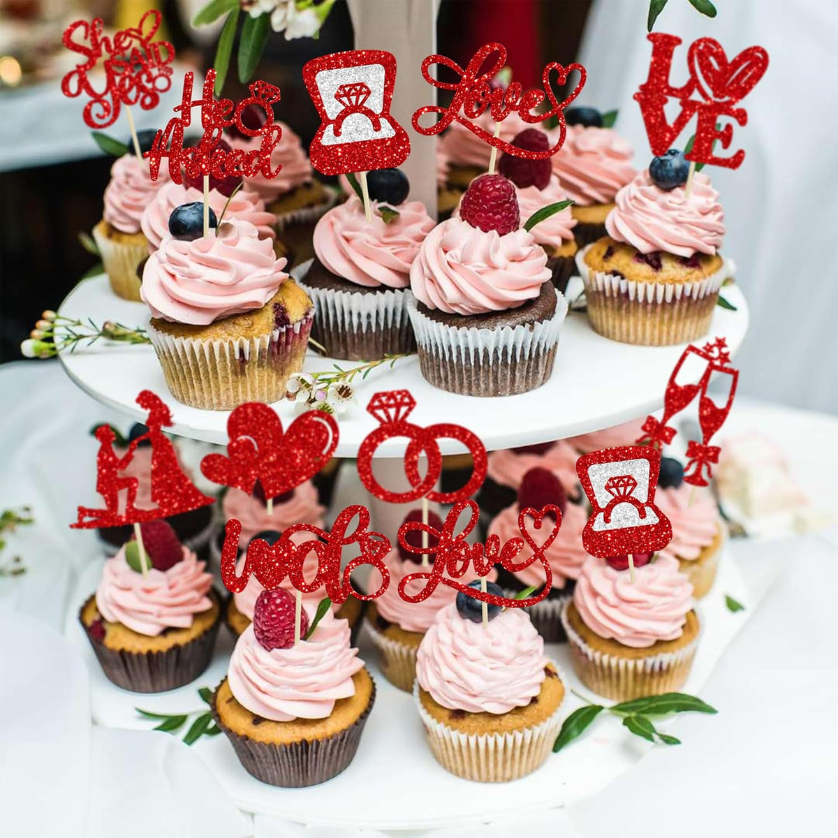 Ephlyn 30Pcs He Asked She Said Yes Cupcake Toppers Glitter Engagement Cupcake Toppers Diamond Ring