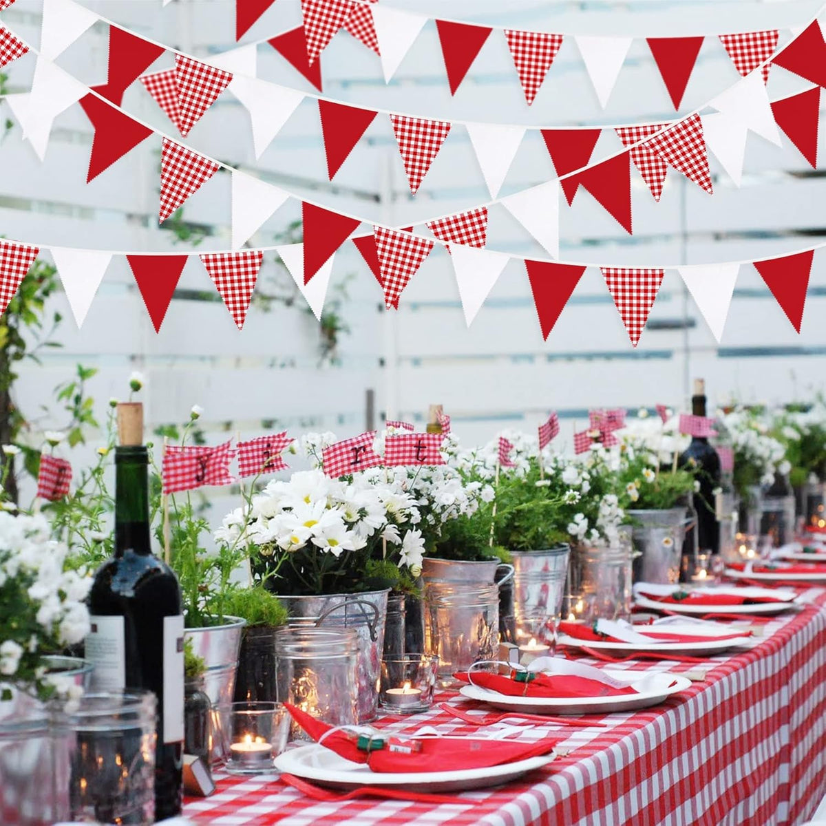 32Ft Red Party Decorations Red Plaid Checkered White Triangle Flag Gingham Pennant Bunting Fabric