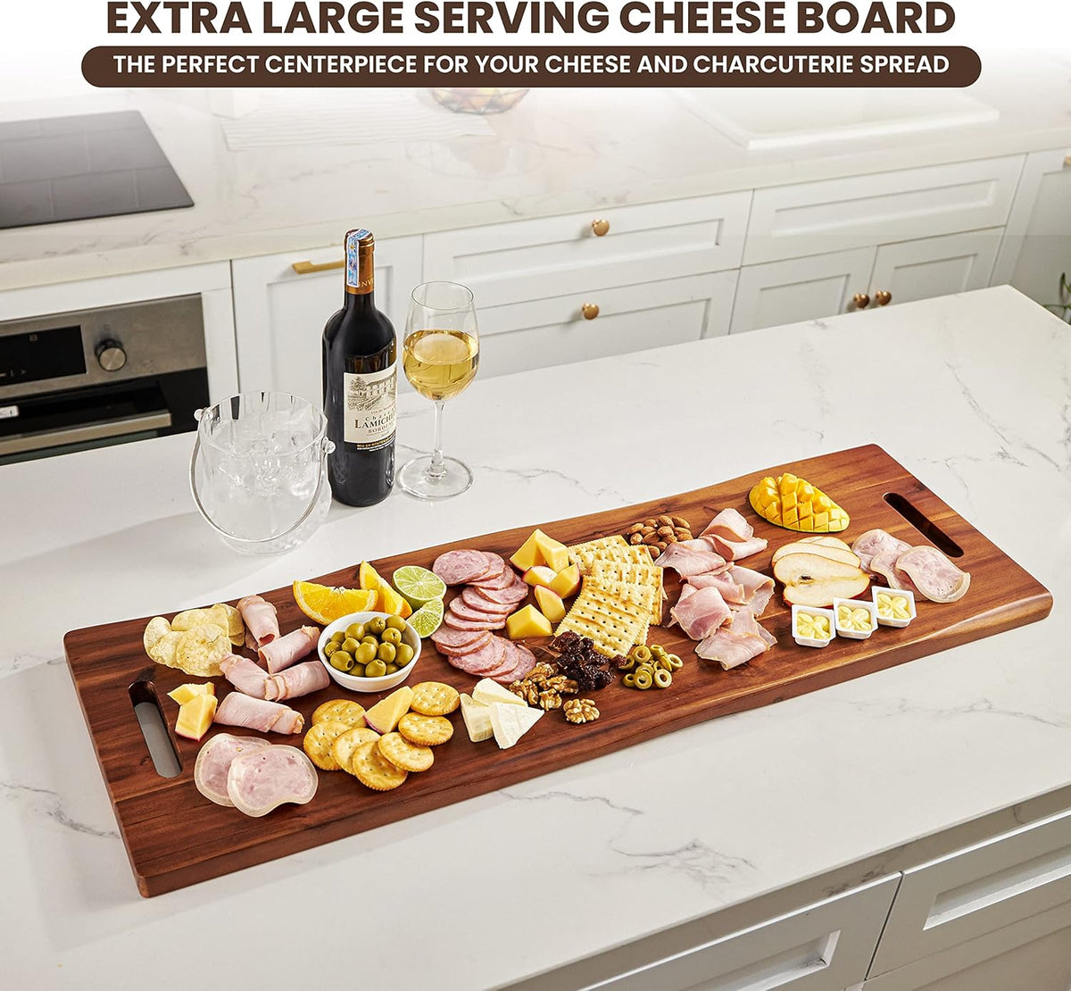 36" Large Acacia Wood Charcuterie Board with Handles - Extra Long Wooden Serving Cheese Boards