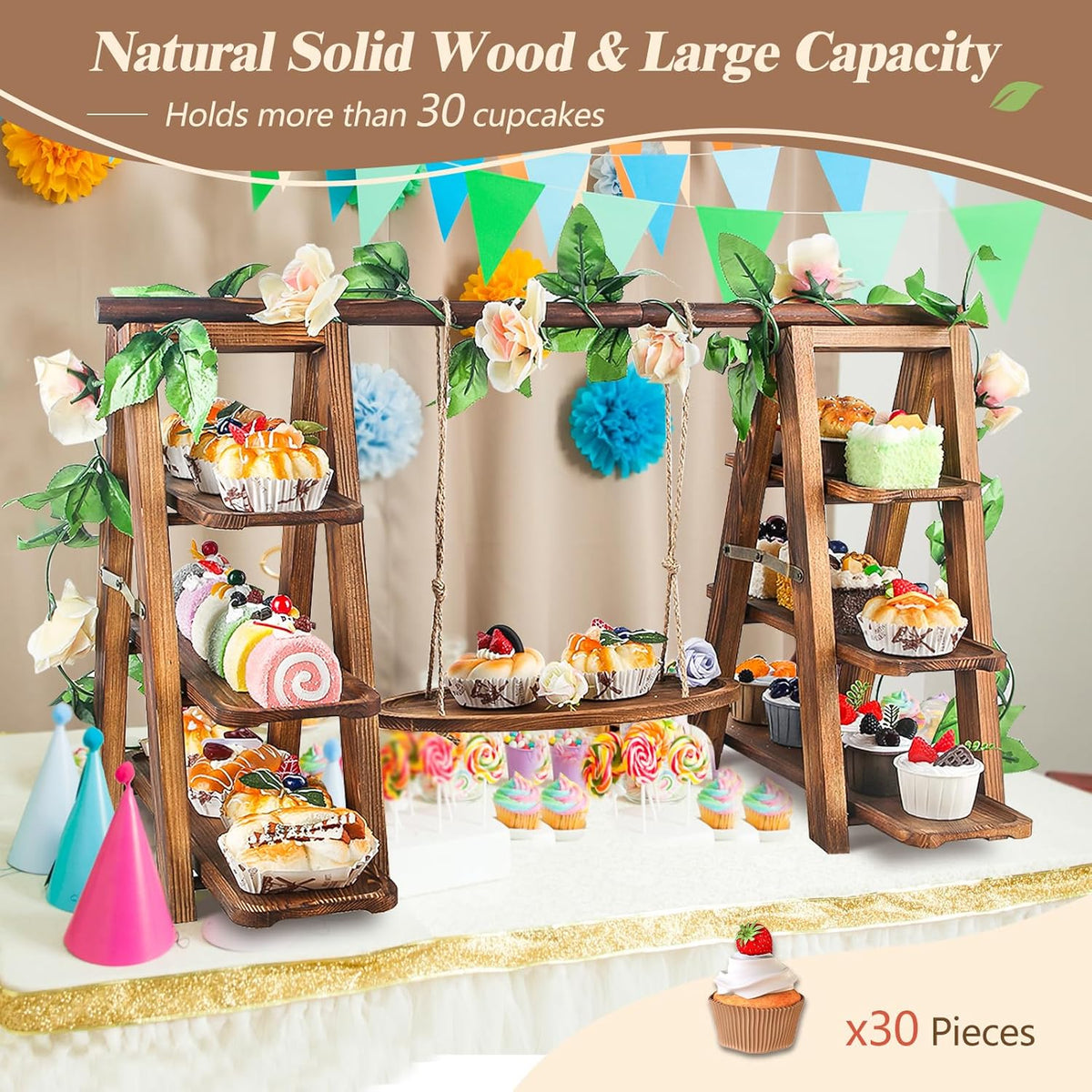 Wooden 3 Tier Cupcake Stand with Swing and Flower Decoration Serving Removable Tray Display Serving