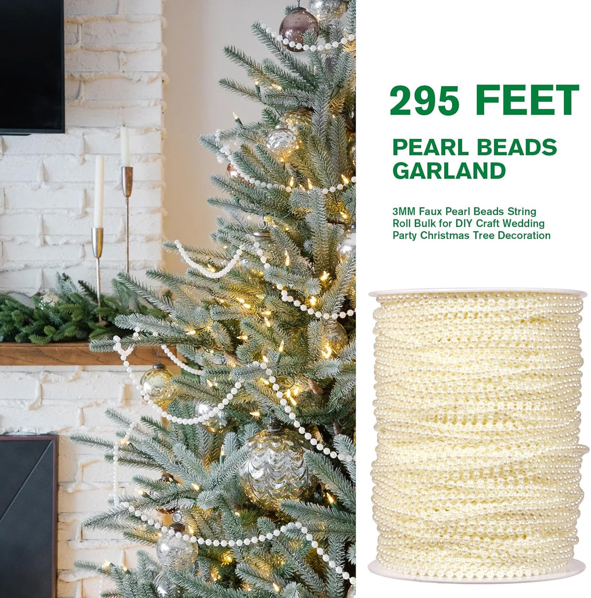 [295Feet] Pearl Beads Garland, 3MM 98 Yards Faux Pearl Beads String Roll Bulk for DIY Craft Wedding