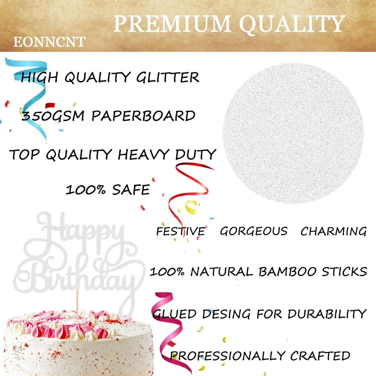 Happy Birthday Cake Topper - Silver Glitter Birthday Party Cake Decoration Supplies - Happy