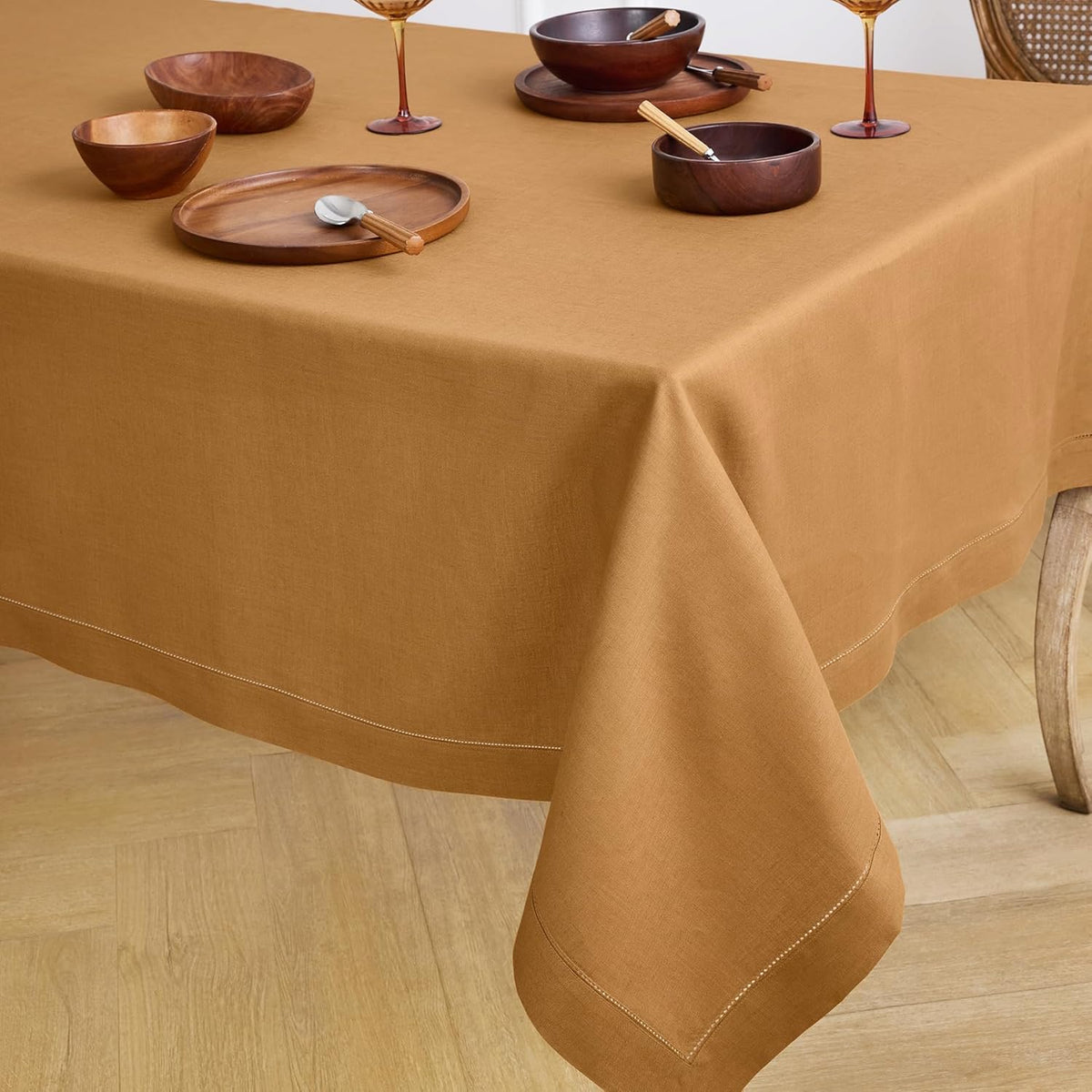 Solino Home Brown Sugar Linen Tablecloth 60 x 90 Inch - Classic Hemstitch, 100% Pure Linen