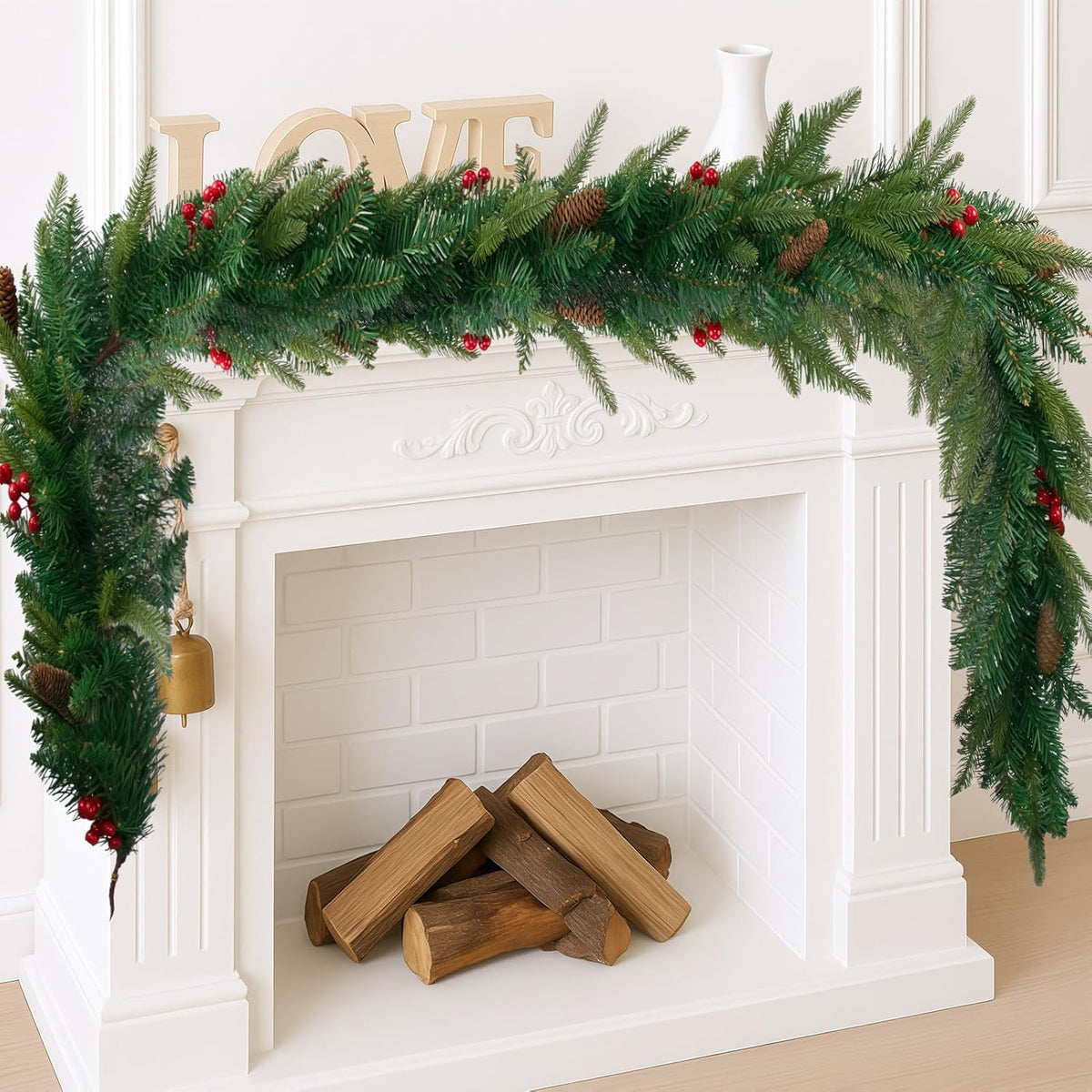 6FT Christmas Garland Artificial Norfolk Pine Tree Greenery, Cedar Cypress with Red Berries Pine