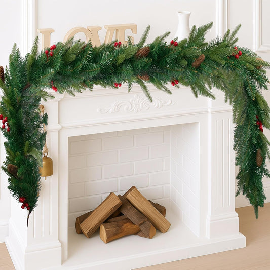 6FT Christmas Garland Artificial Norfolk Pine Tree Greenery, Cedar Cypress with Red Berries Pine