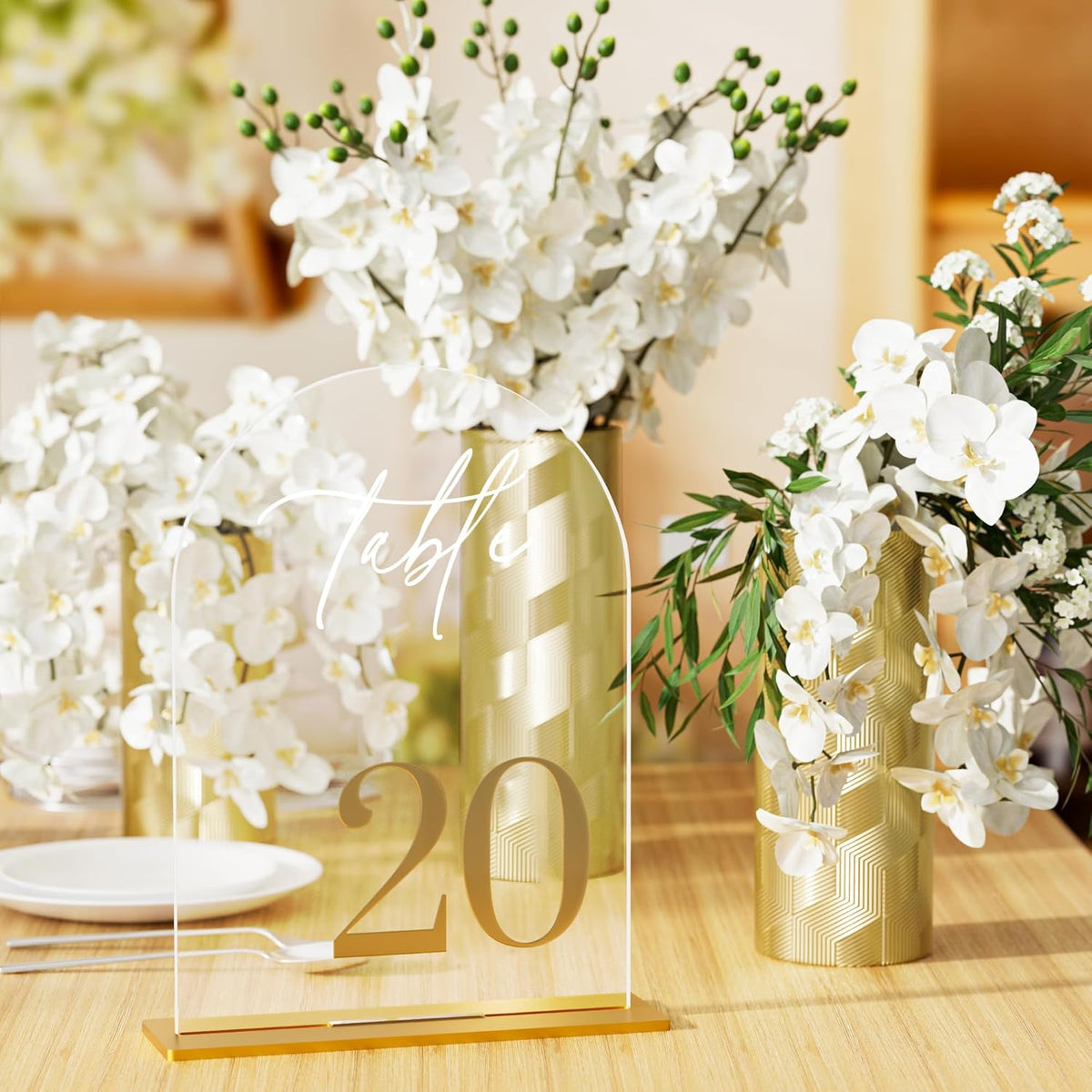 Arch Wedding Table Numbers 1-30 with Stands, Elegant Gold Number 5.5 x 7” Arch Acrylic Signs with